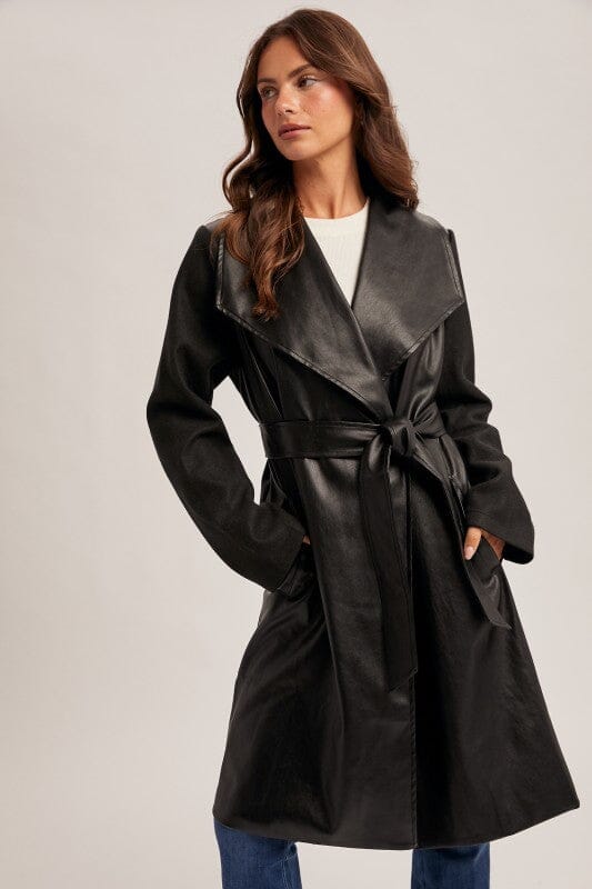 Mixed Faux Leather Belted Coat