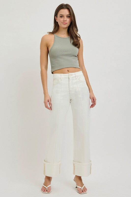 RISEN Tummy Control High Rise Wide Leg Cuffed Jeans