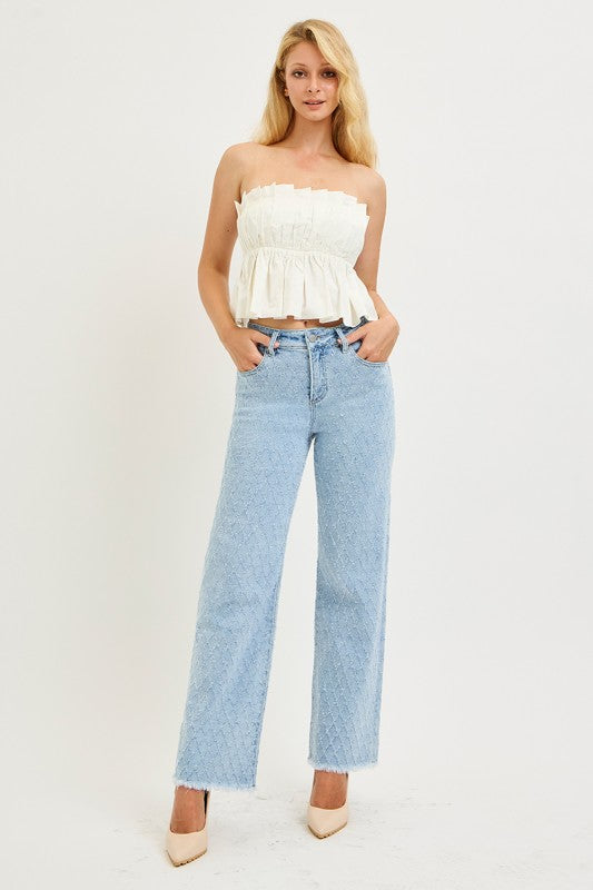 RISEN Tummy Control High Rise Ankle Straight Textured Jeans | Stella & Grace Boutique .