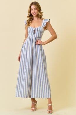 Blue Stripe Gauze Wide Leg Culotte Jumpsuit