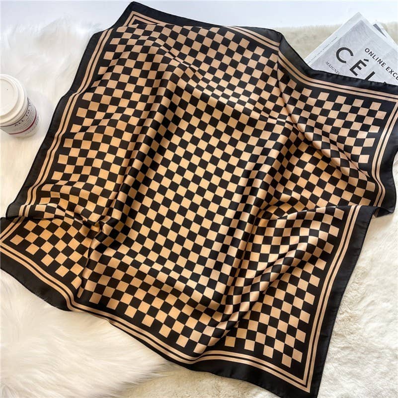 Brown Large Checker Print Silky Bandana Scarf