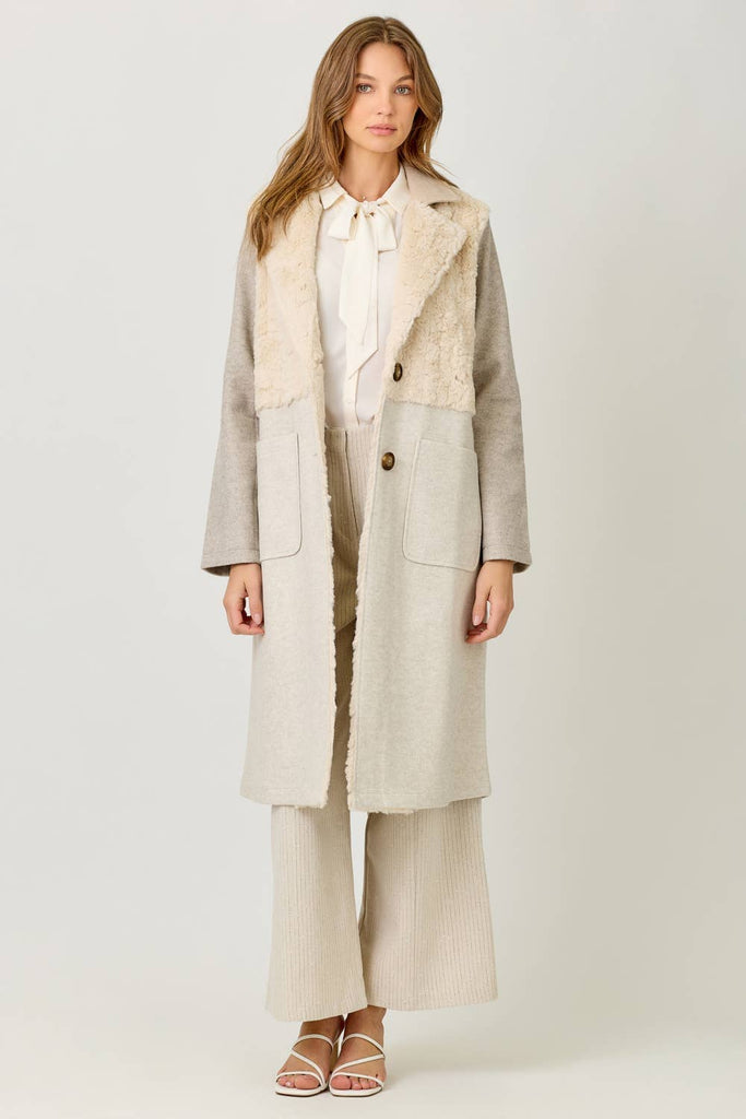 61307 Color Blocked Long Coat: Oatmeal Mix / Small