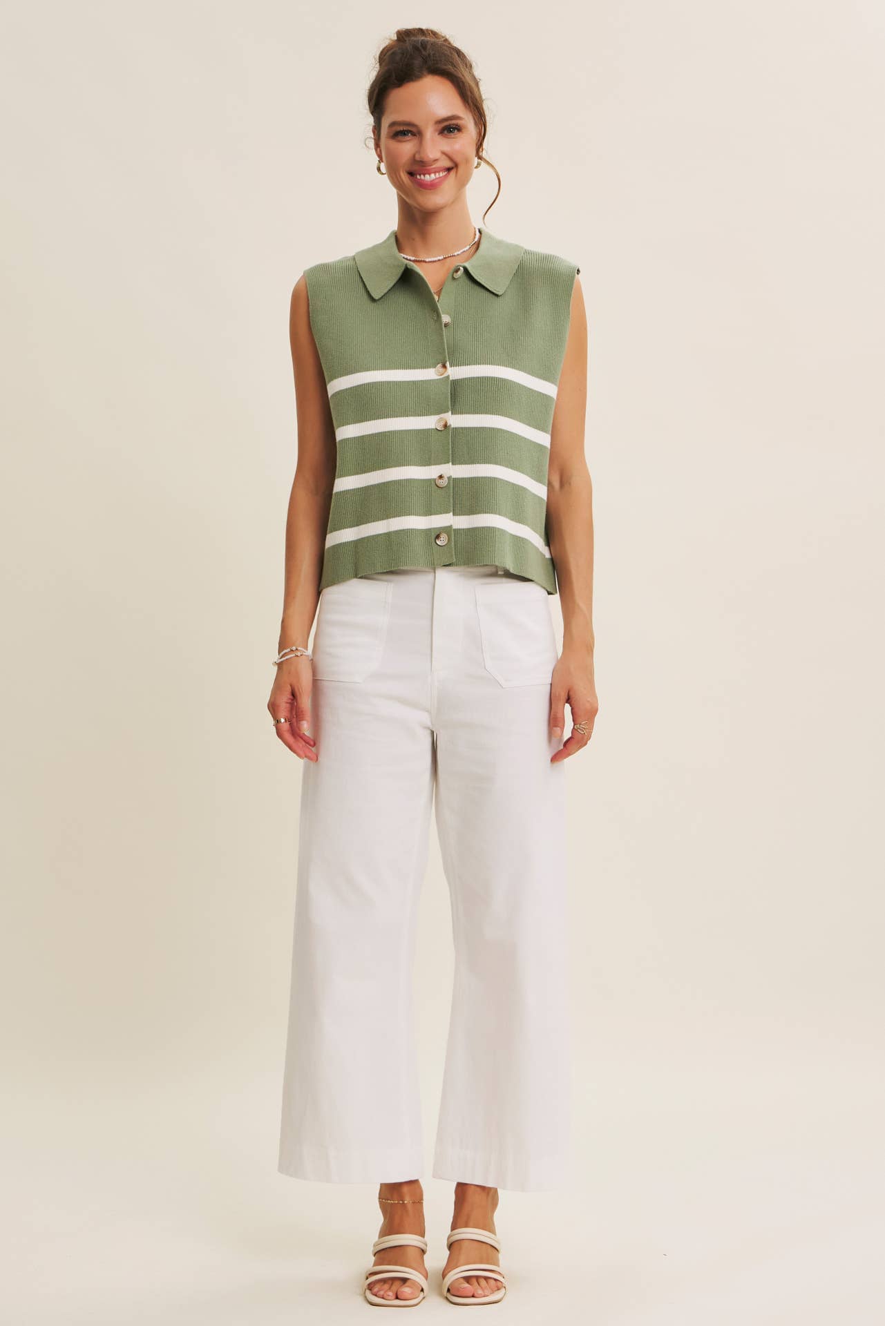 ALL SEASON LAYERING VISCOSE RIB BUTTON-DOWN SWEATER VEST: STONE GREEN / S
