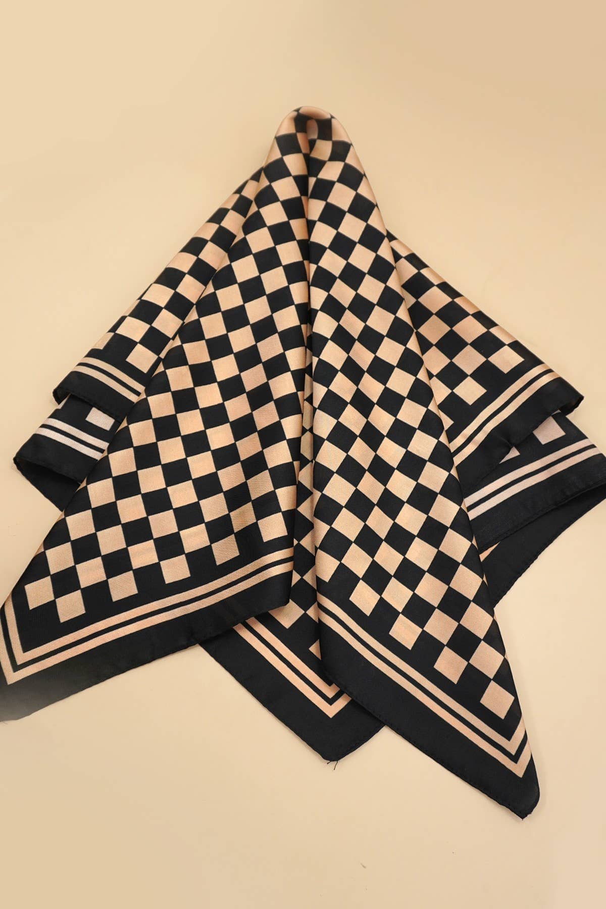 Brown Large Checker Print Silky Bandana Scarf