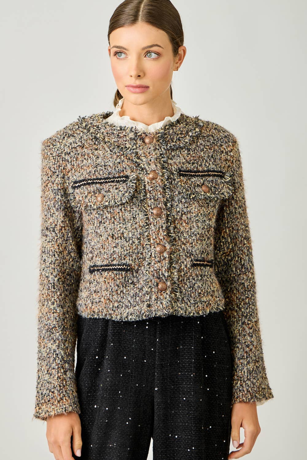 61191 Fringe Tweed Jacket: Stone/Grey / Small