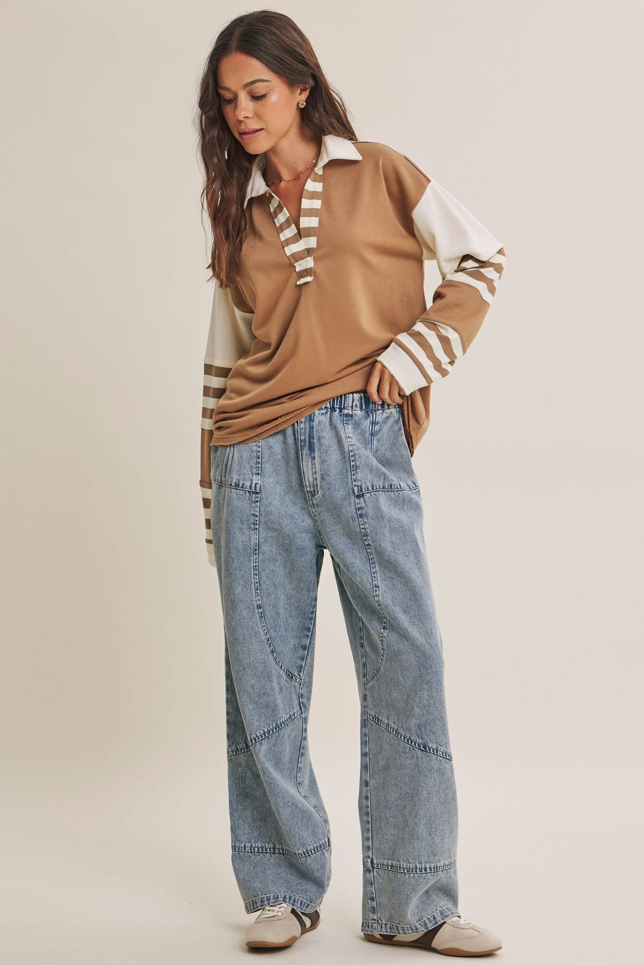 FRESH COASTAL STRIPE MIX RELAXED FIT FRENCH TERRY TOP: TWILIGHT BLUE / S | Stella & Grace Boutique .