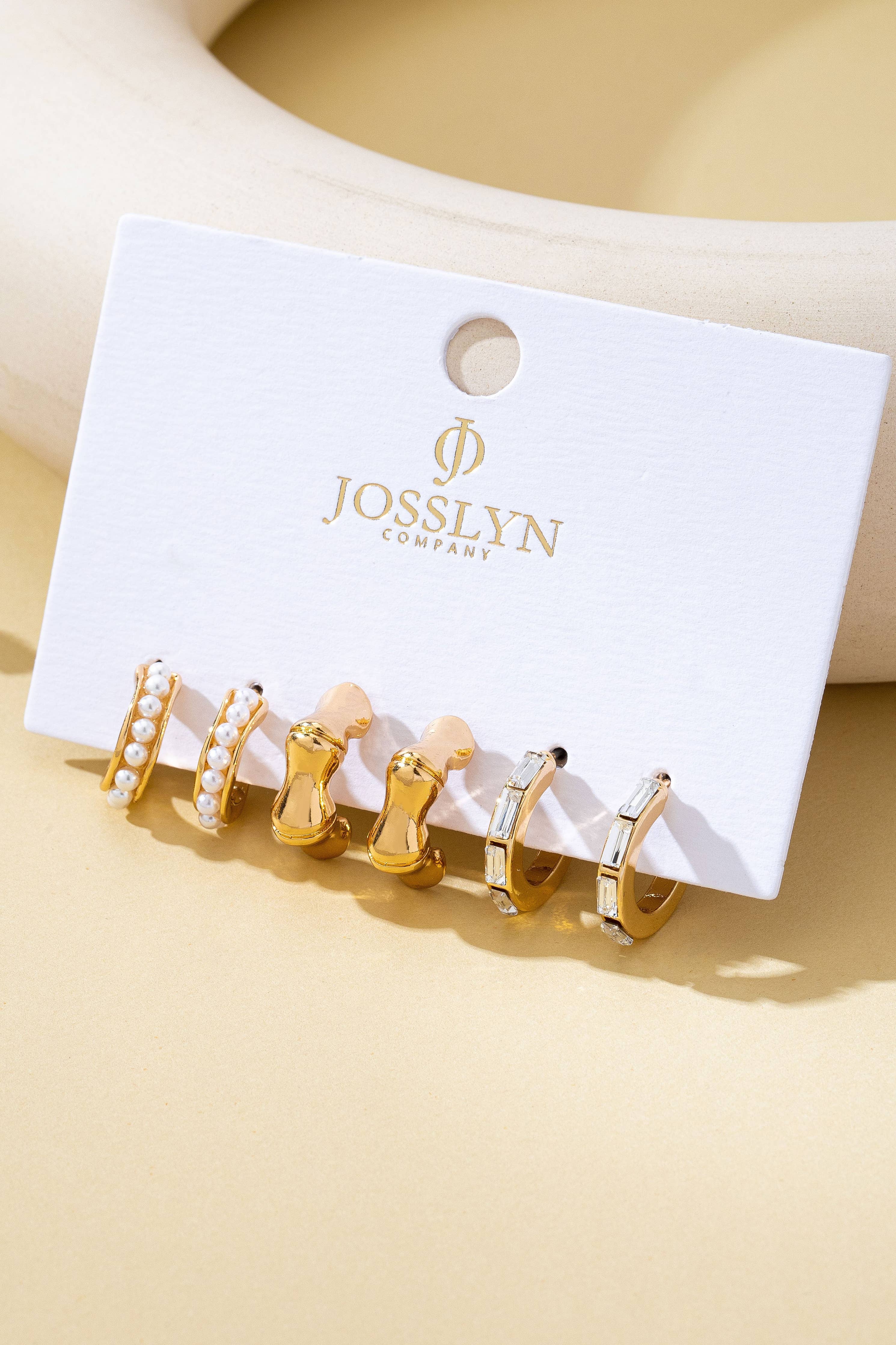 Pearl Rhinestone Multi Hoop Trio Earrings | 80E62031: GOLD