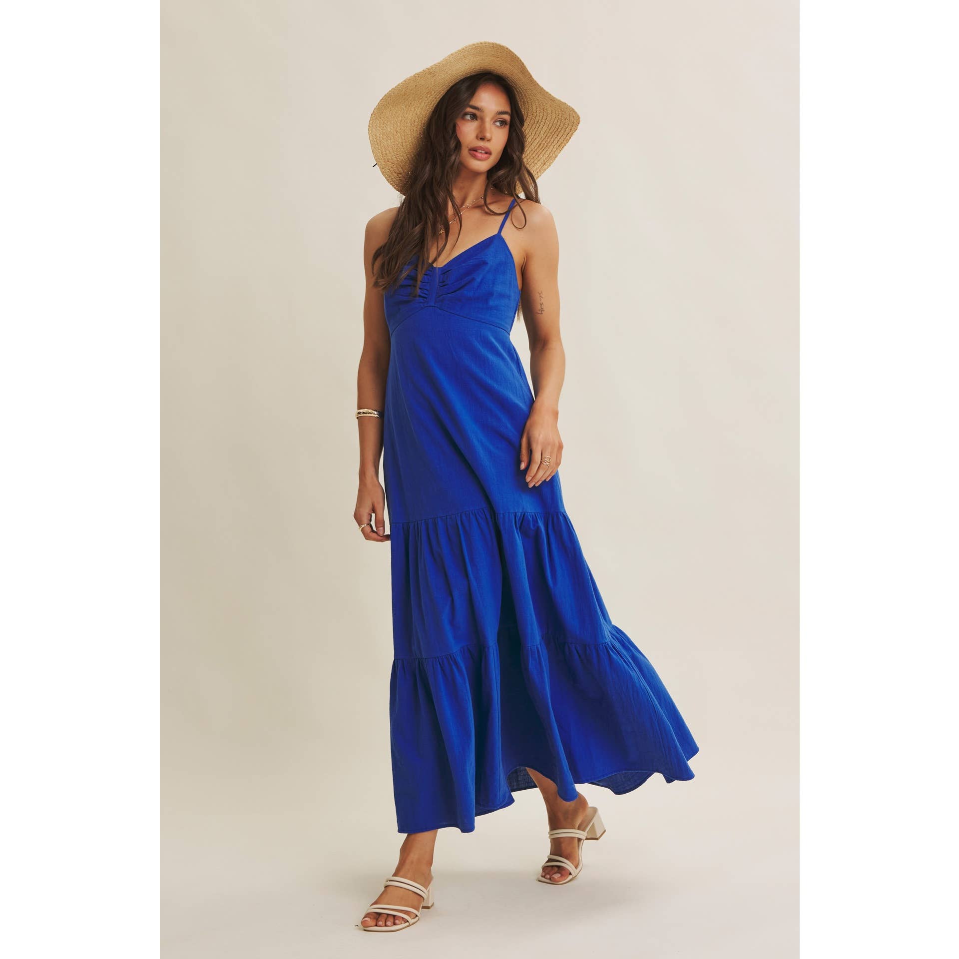 ISLAND SUNSET AIRY COTTON SMOCKED BACK RUCHED MAXI DRESS: ROYAL BLUE / S | Stella & Grace Boutique .