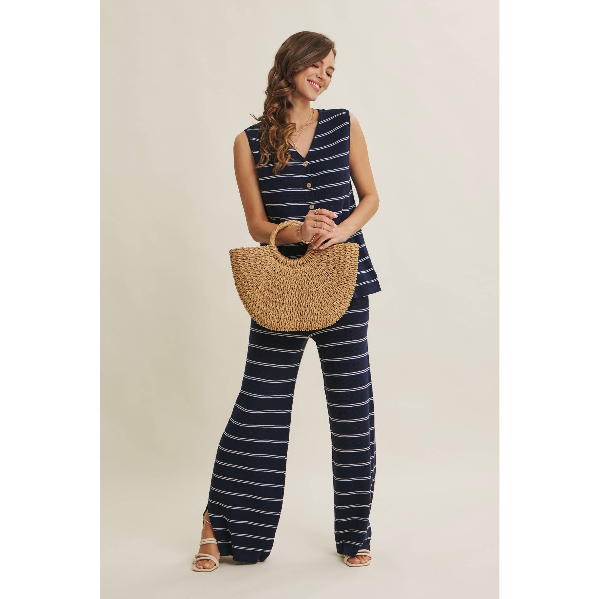 BAYSIDE LEISURE STRIPED WIDE-LEG SWEATER PANTS WITH SLITS: NAVY/CREAM / S | Stella & Grace Boutique .