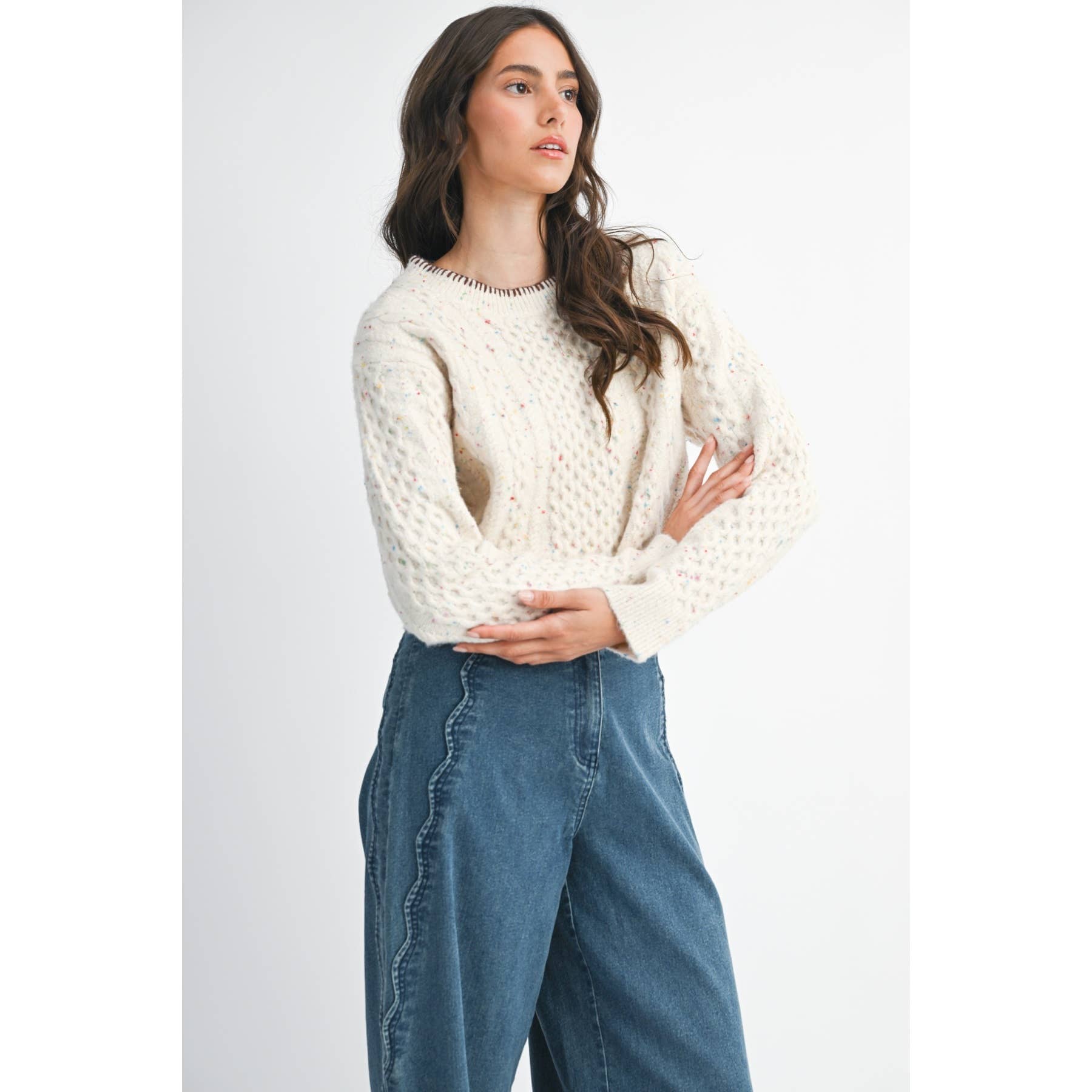SPECKLED KNIT SWEATER: CREAM MULTI / S-M-L(3-2-1)