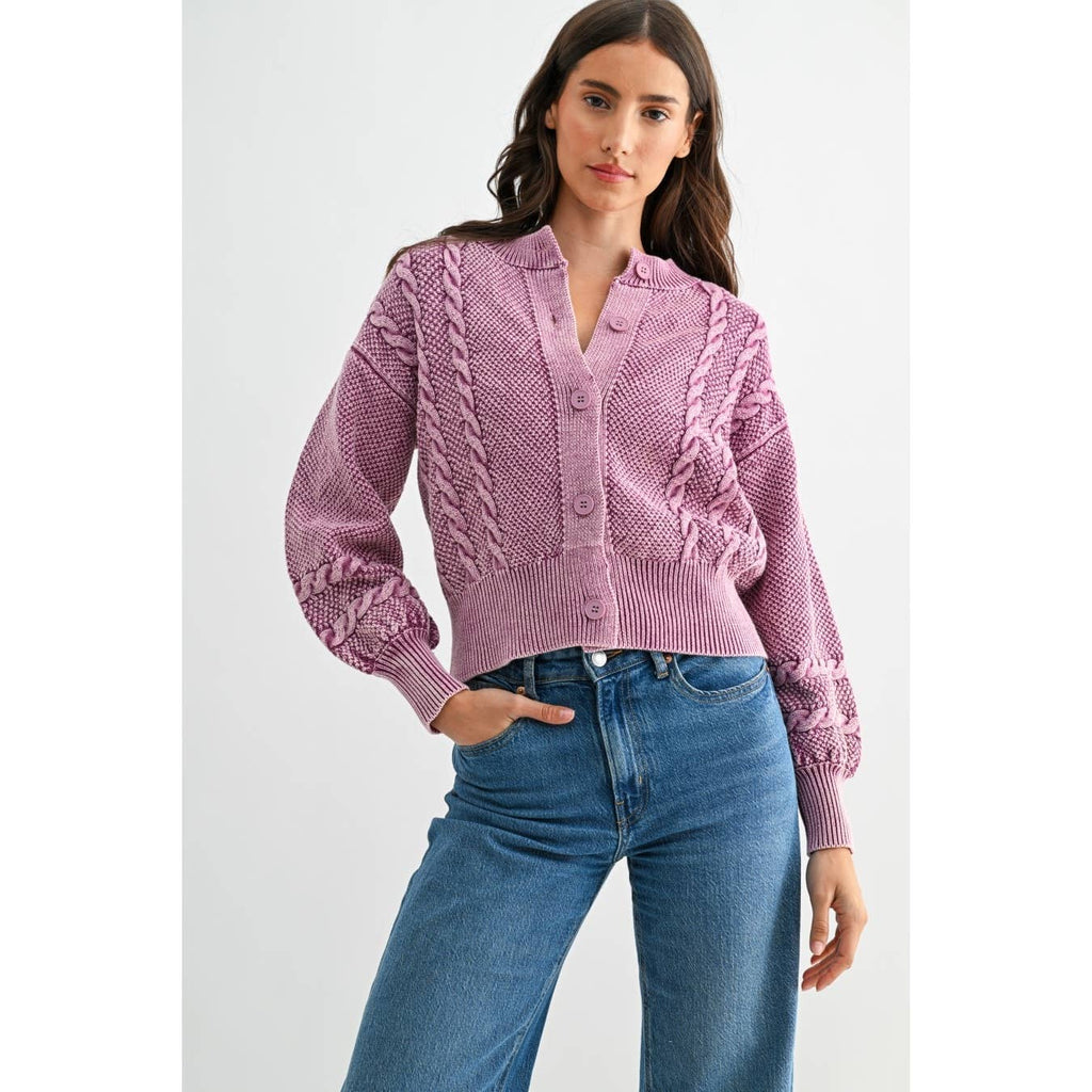 CEW26163 WASHED BLENDED BERRY CABLE KNIT CARDIGAN: BERRY / S-M-L(3-2-1)