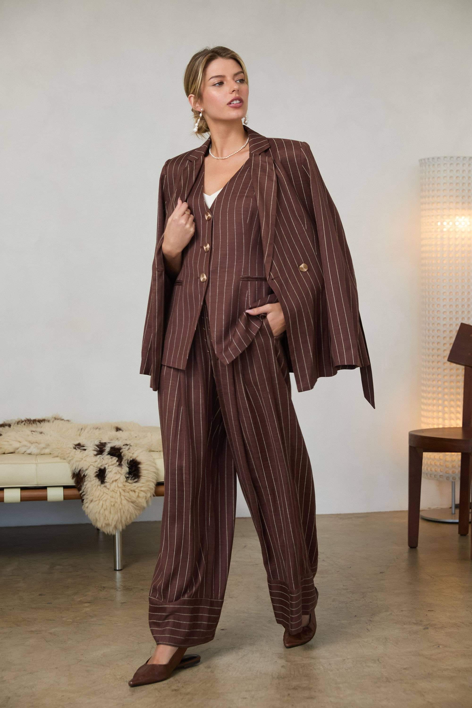 Pinstripe Vest: Brown-Ivory / XS