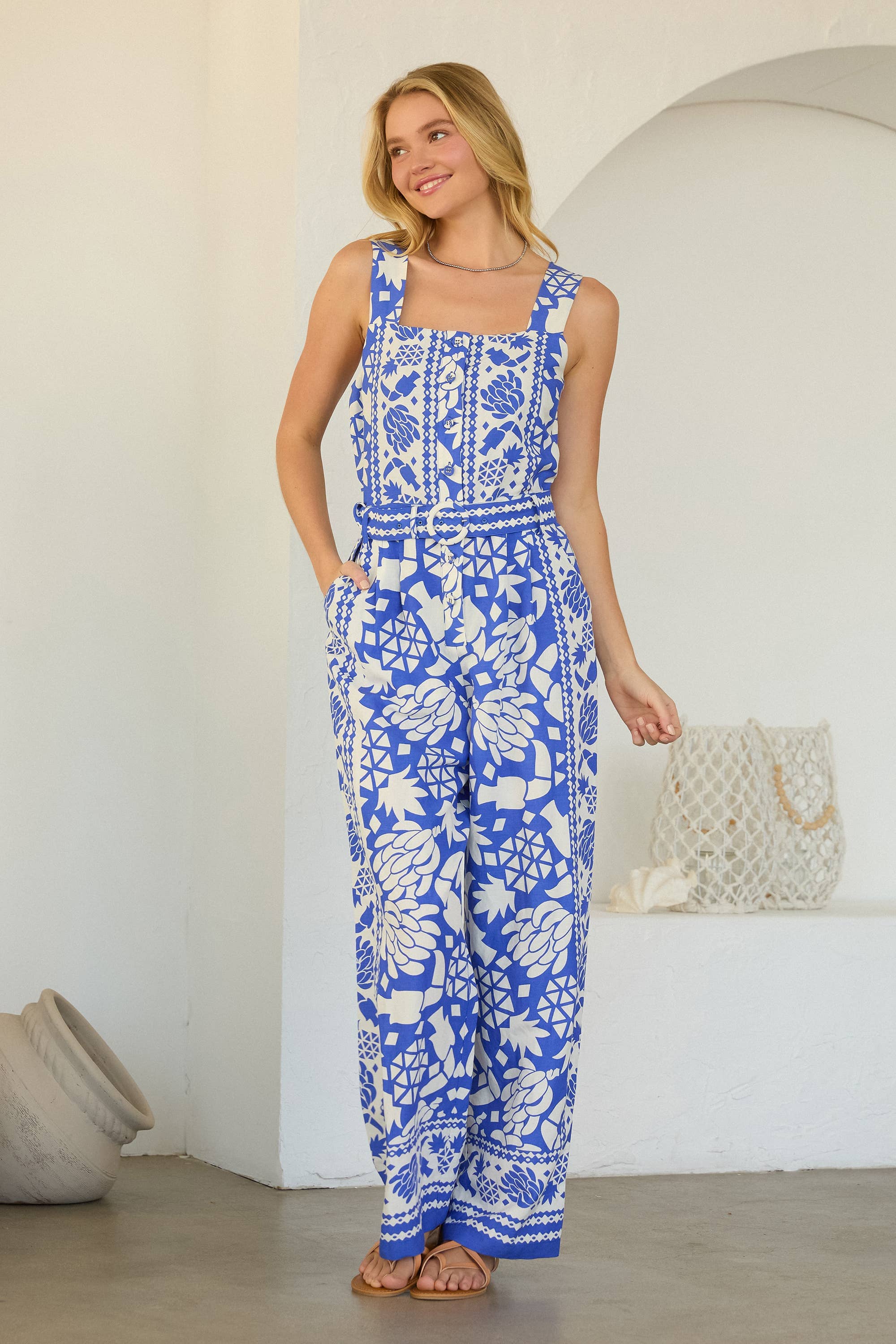Border Print Button Front Jumpsuit with Belt: Cobalt-White / XS