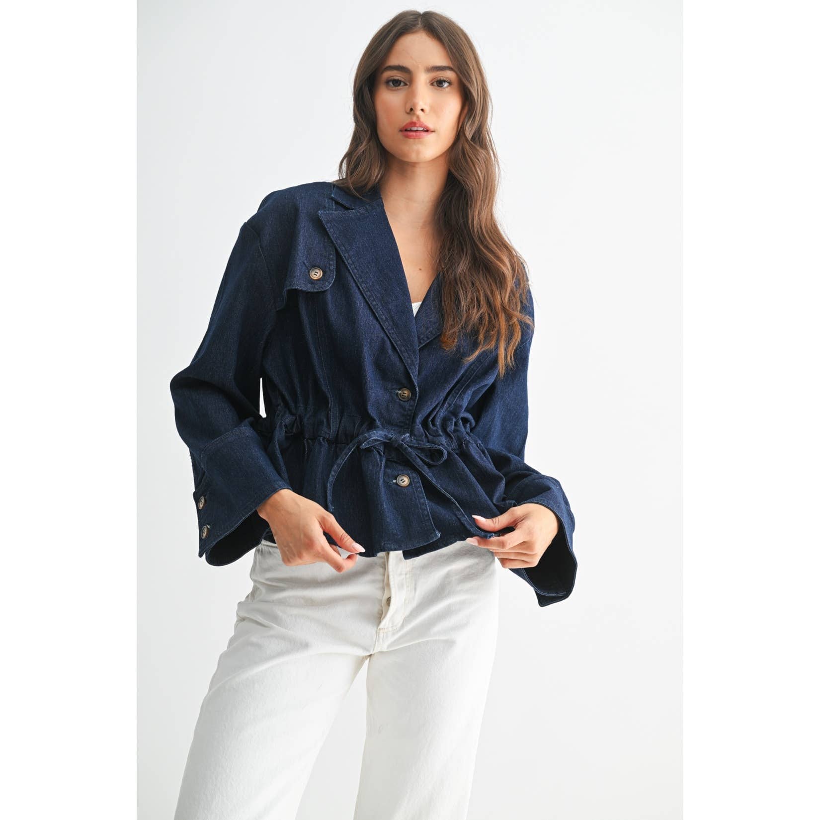 PREMIUM DENIM JACKET WITH ADJUSTABLE WAIST: DARK DENIM / S-M-L(3-2-1)