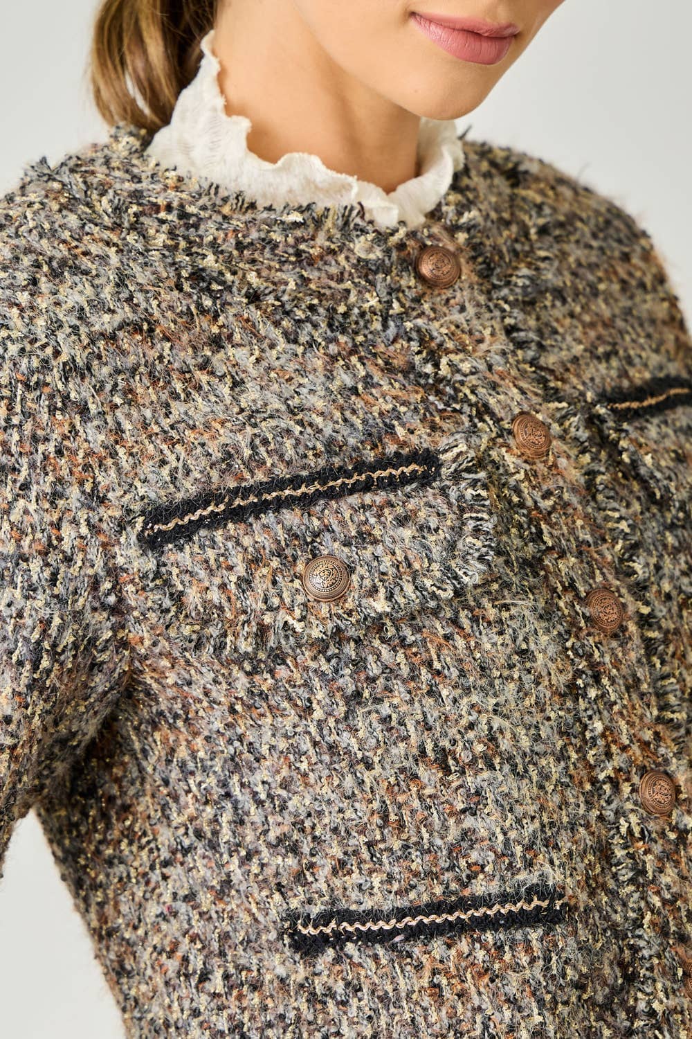 61191 Fringe Tweed Jacket: Stone/Grey / Small