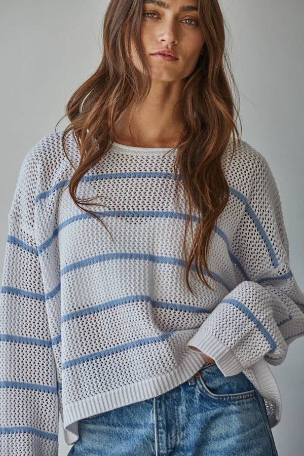 W2450 | Knit Cotton Acrylic Striped Round Neck Sweater: White Blue / S
