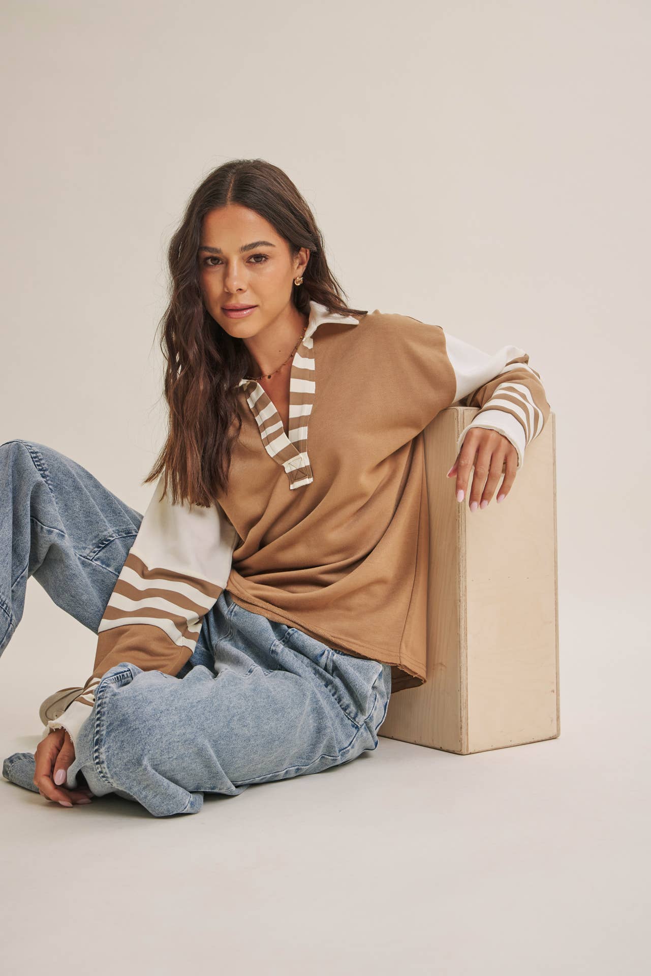 FRESH COASTAL STRIPE MIX RELAXED FIT FRENCH TERRY TOP: TWILIGHT BLUE / S | Stella & Grace Boutique .