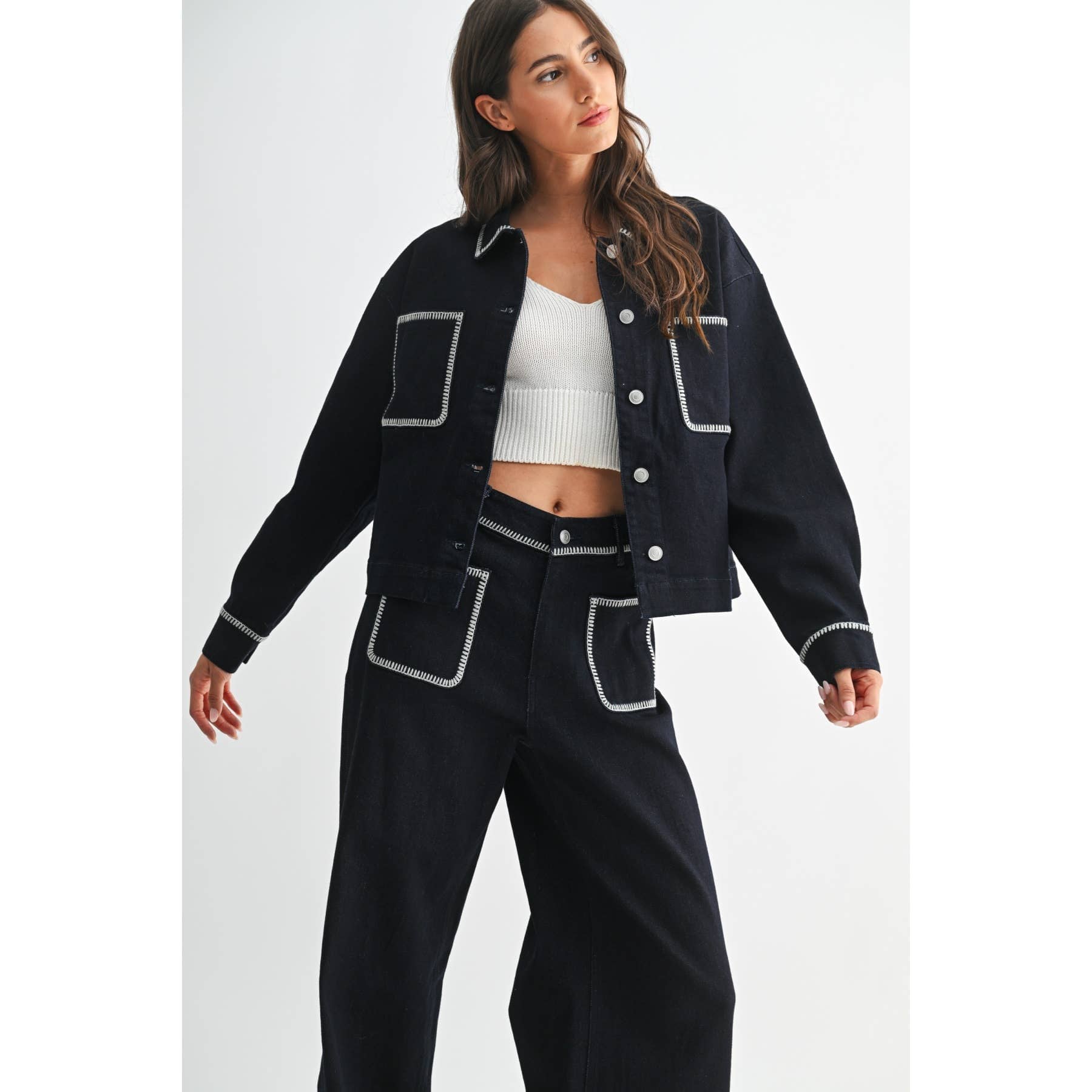 DENIM JACKET WITH CONTRAST STITCHING: DARK DENIM / S-M-L(3-2-1)