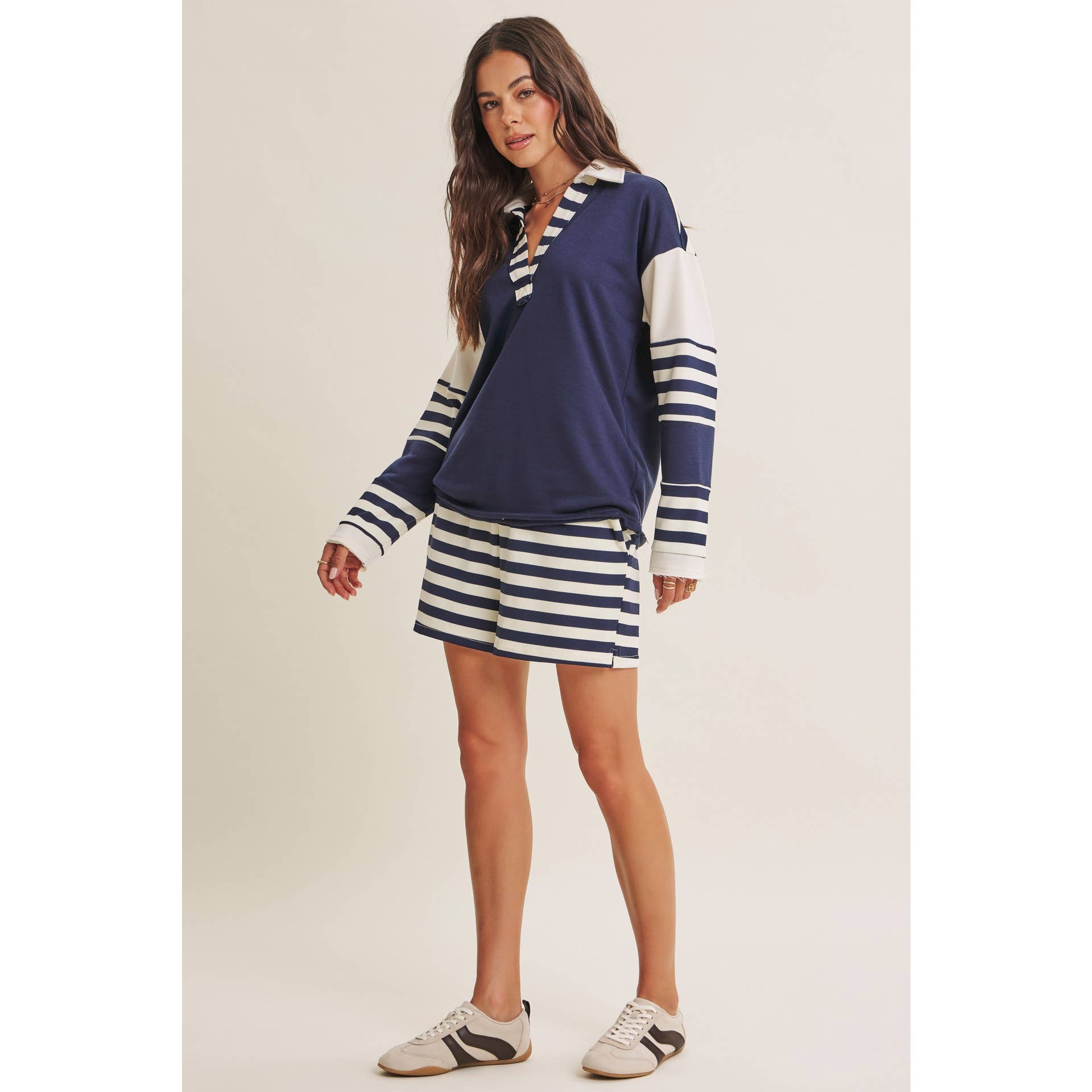 FRESH COASTAL STRIPE RELAXED FIT FRENCH TERRY LOUNGE SHORTS: TWILIGHT BLUE / S | Stella & Grace Boutique .
