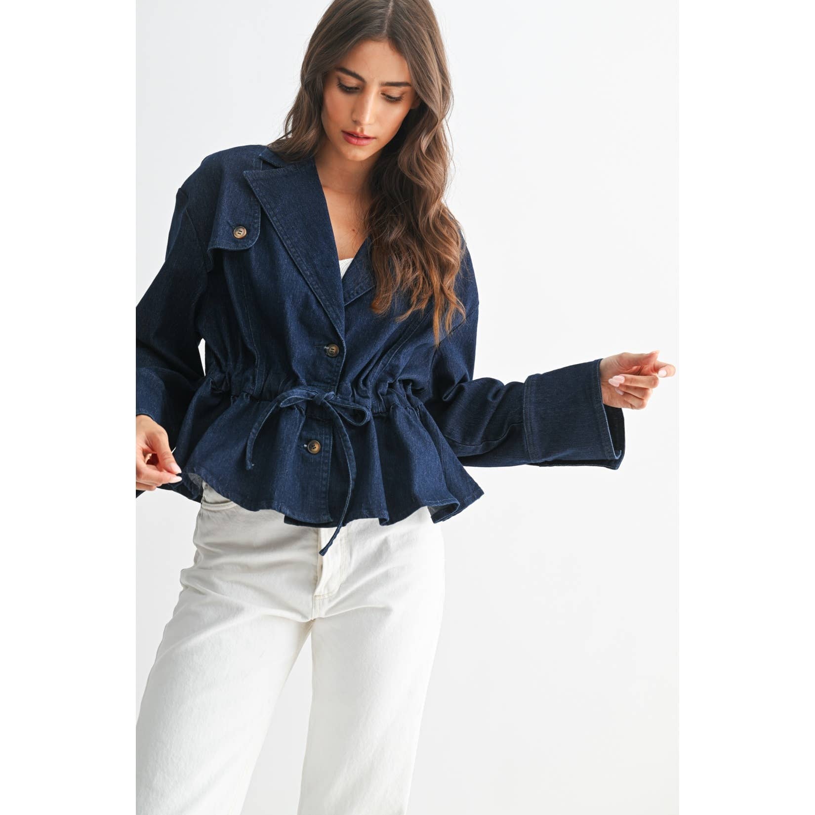 PREMIUM DENIM JACKET WITH ADJUSTABLE WAIST: DARK DENIM / S-M-L(3-2-1)