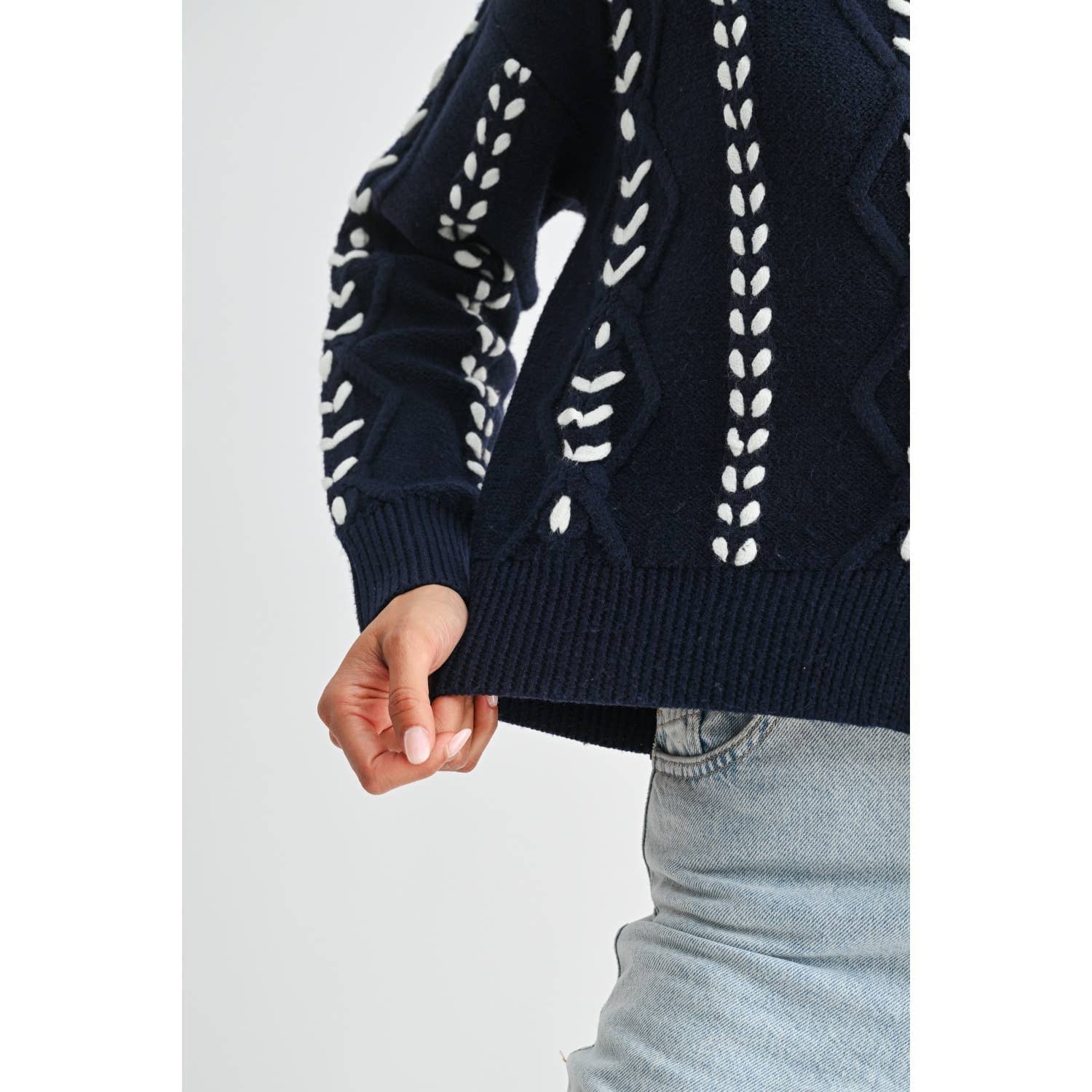 TORI RIBBON STITCH CABLE KNIT CARDIGAN : INDIGO/WHITE / S-M-L(3-2-1)