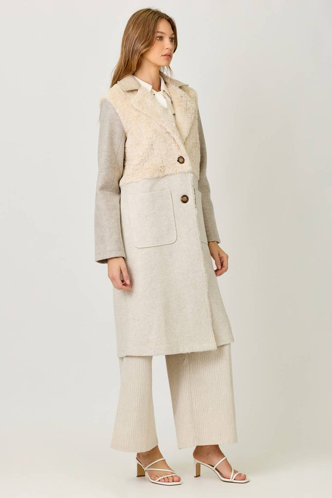 61307 Color Blocked Long Coat: Oatmeal Mix / Small