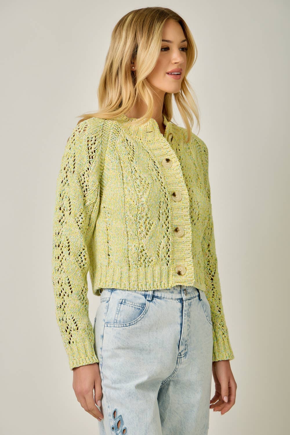 61380 Multicolor Cable Knit Cardigan: Yellow Multi / Medium