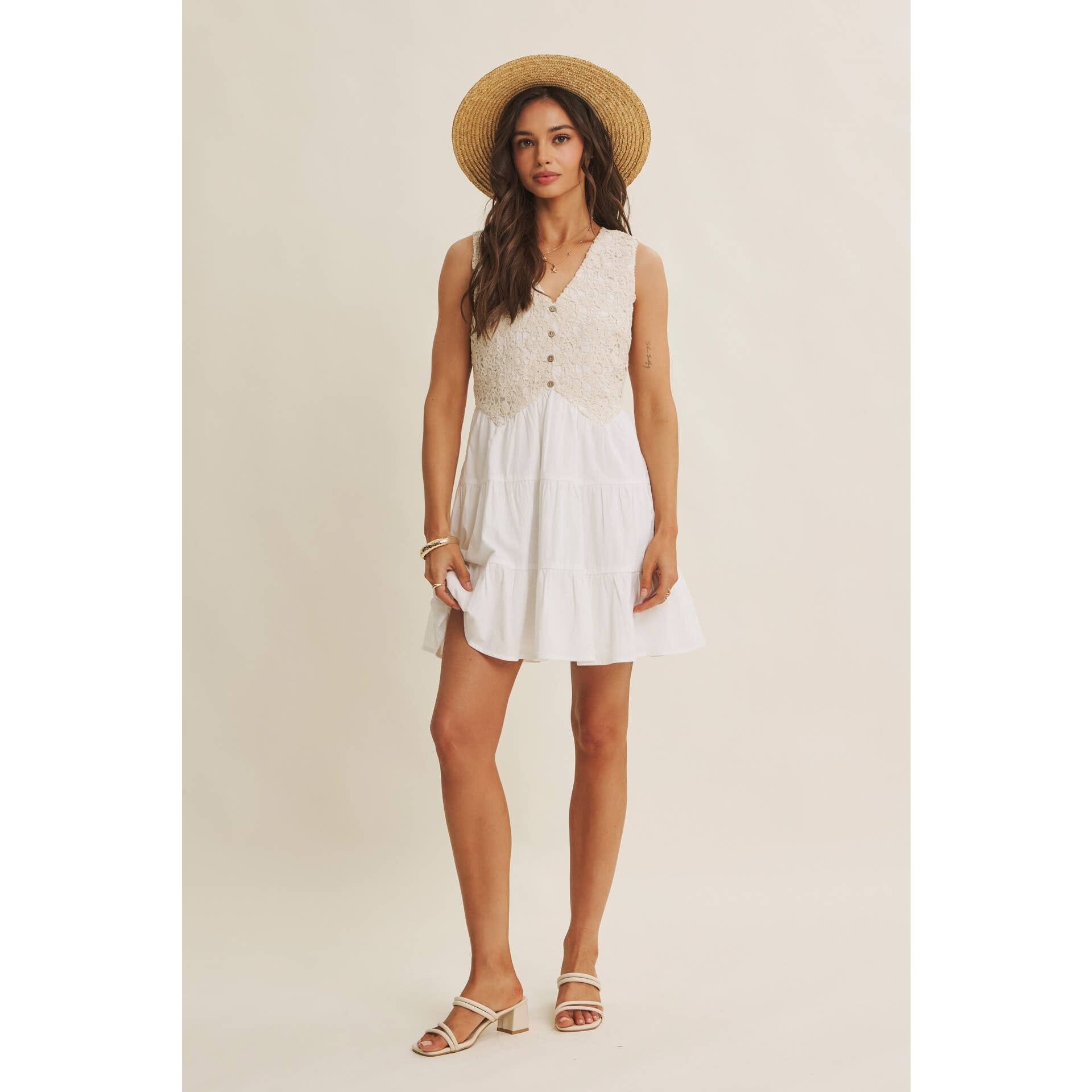 FRENCH PICNIC MIXED MEDIA COTTON CROCHET MINI DRESS: OFF WHITE / S