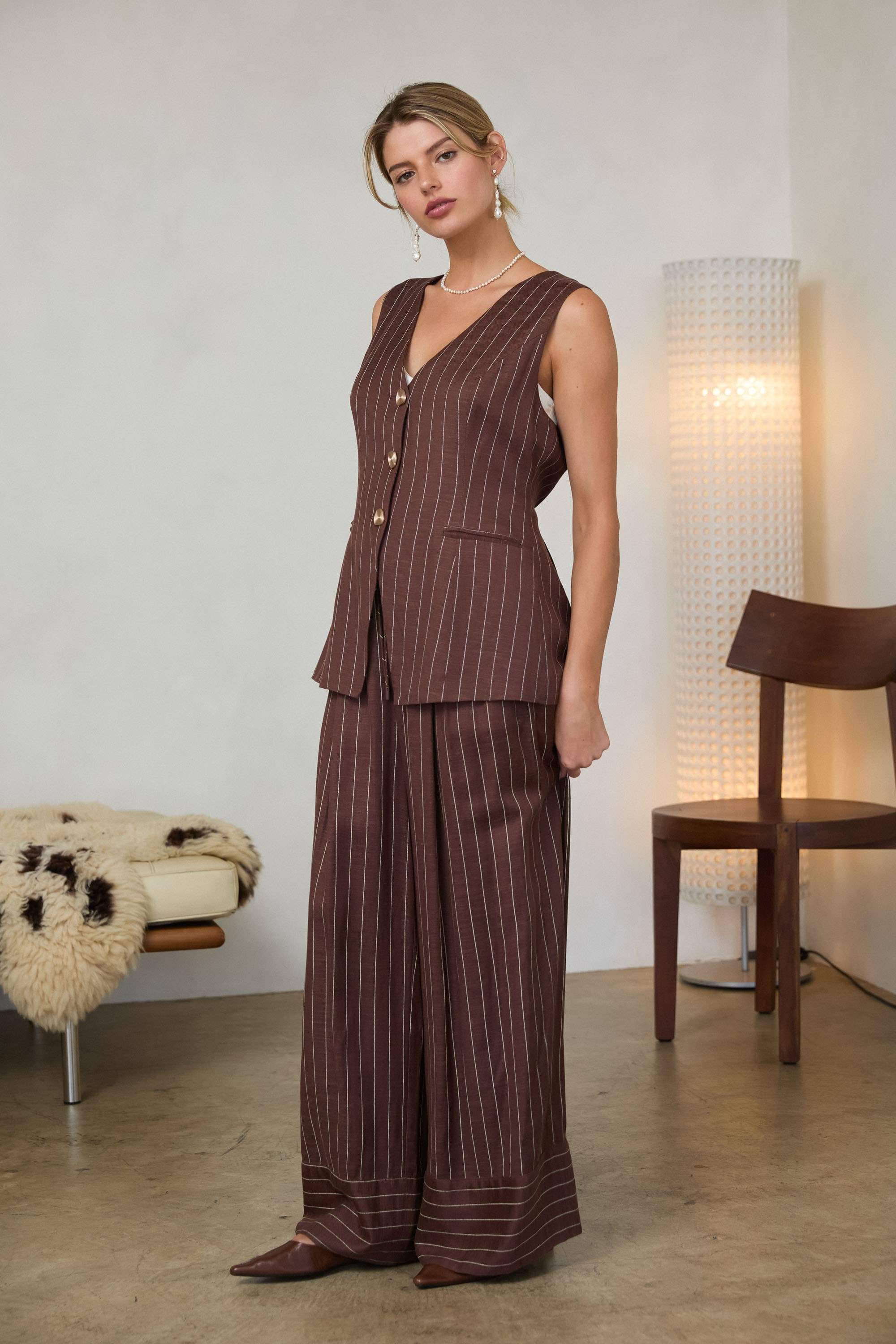 Pinstripe Vest: Brown-Ivory / XS