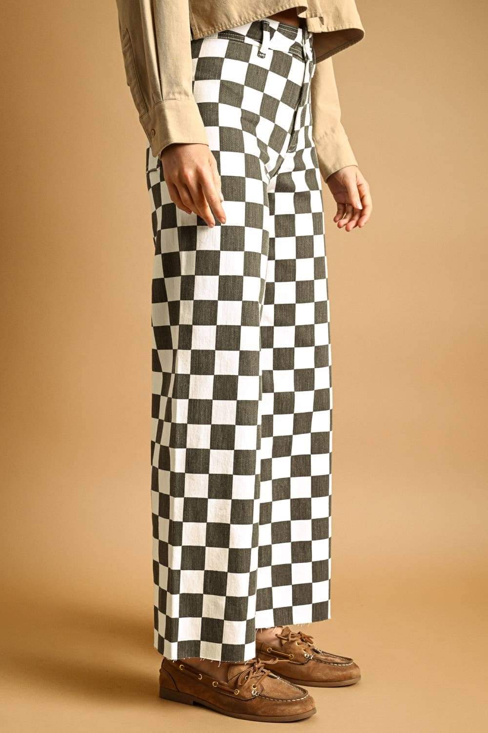 P7497 CHECKER BOARD STREATCH PANTS: CHARCOAL / S