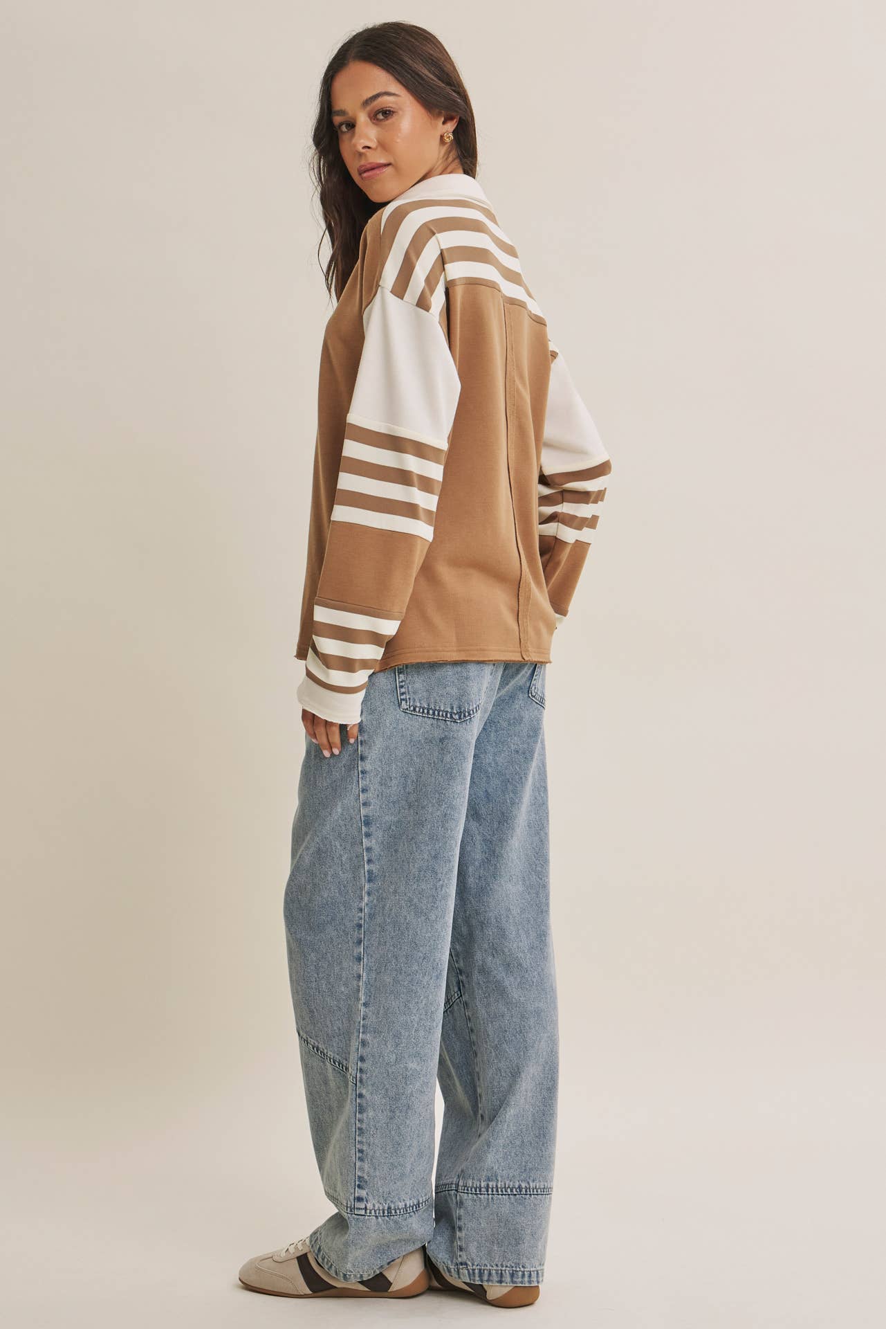 FRESH COASTAL STRIPE MIX RELAXED FIT FRENCH TERRY TOP: TWILIGHT BLUE / S | Stella & Grace Boutique .
