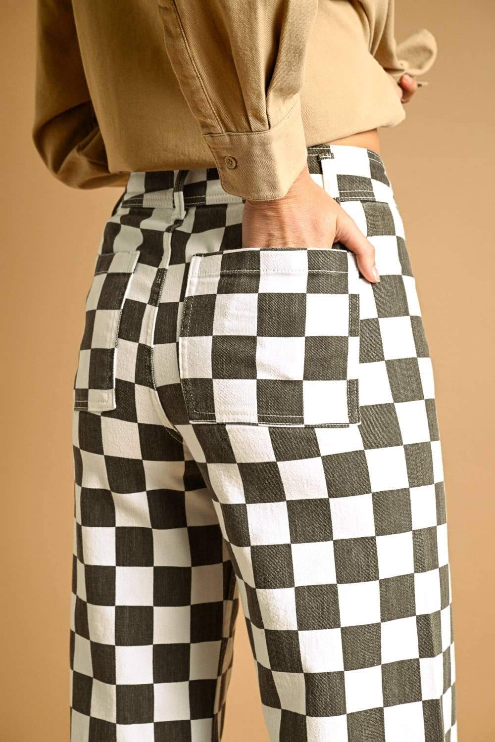 P7497 CHECKER BOARD STREATCH PANTS: CHARCOAL / S