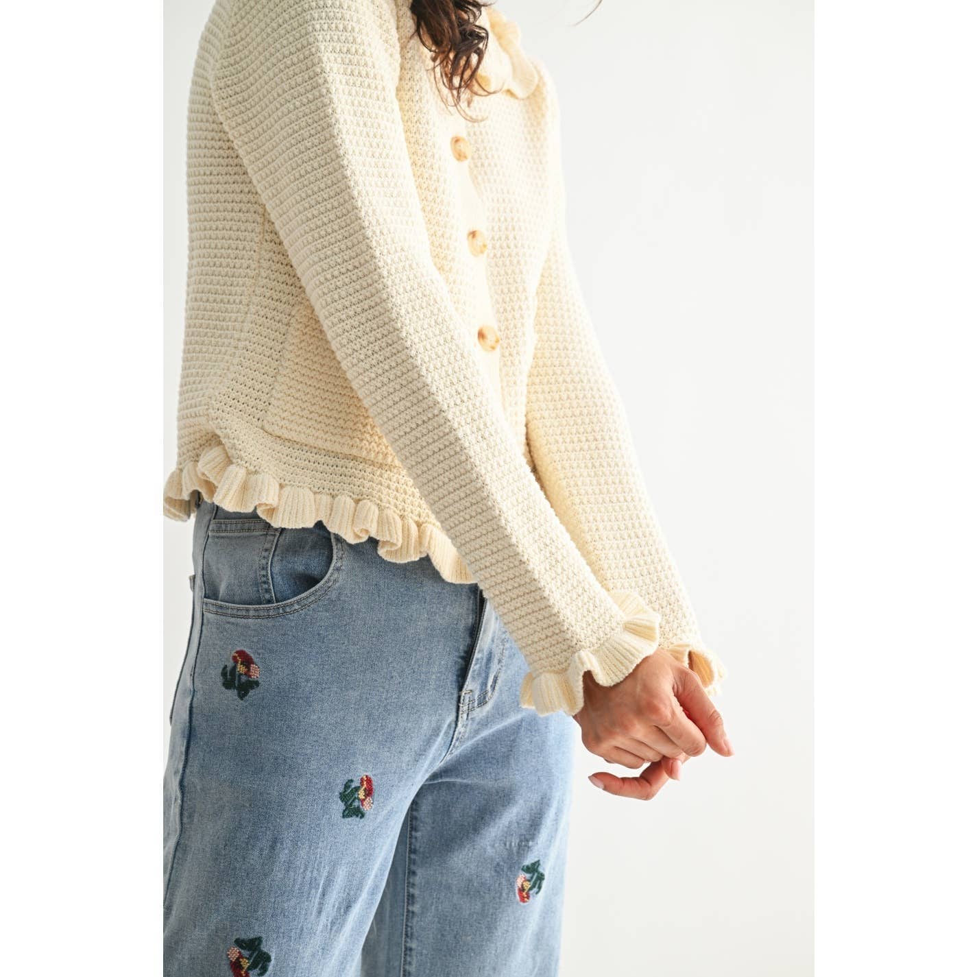 RUFFLED KNIT CARDIGAN: IVORY / S-M-L(3-2-1)