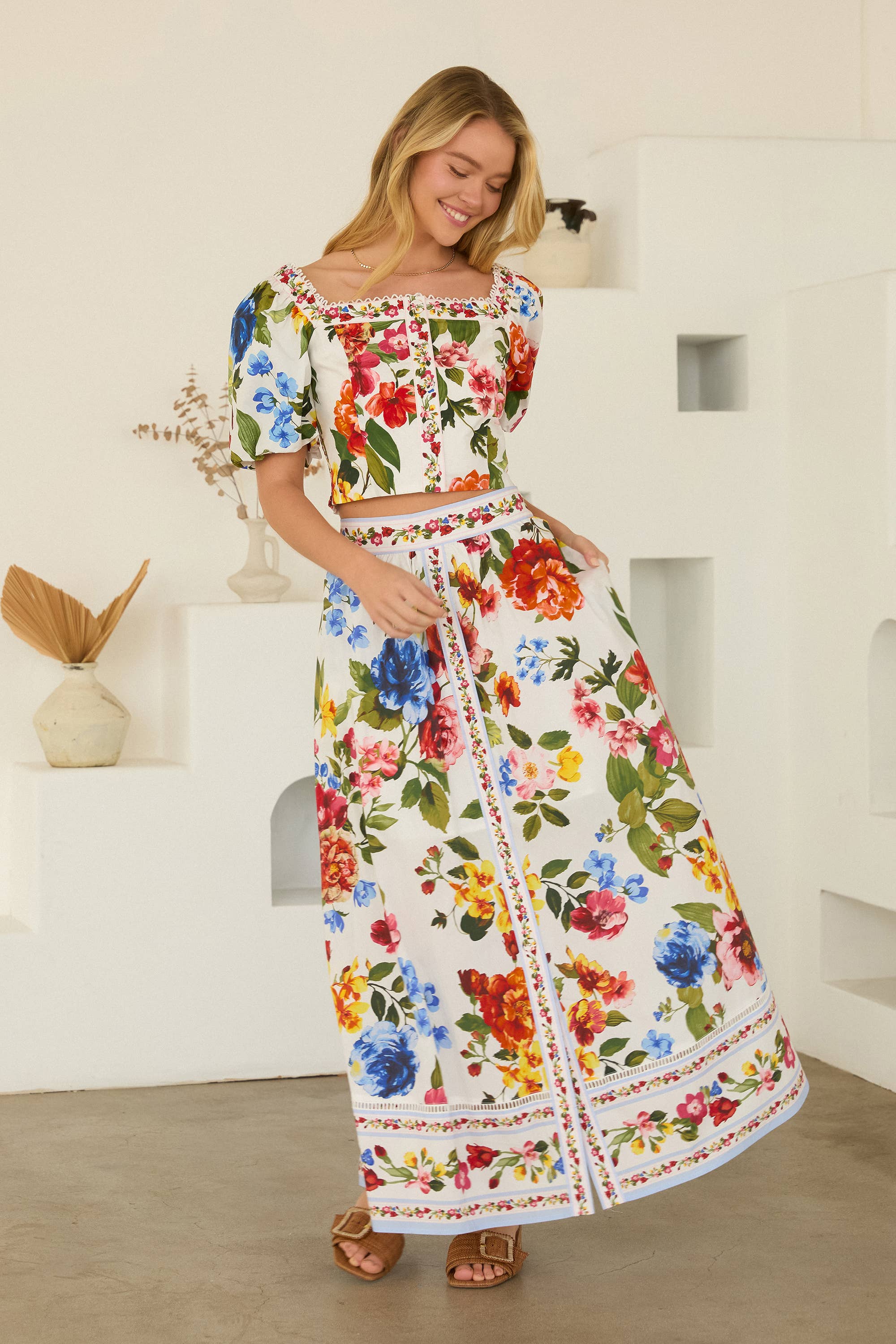 Floral Border Puff Sleeve Smocked Crop Top: White Multi / XS | Stella & Grace Boutique .