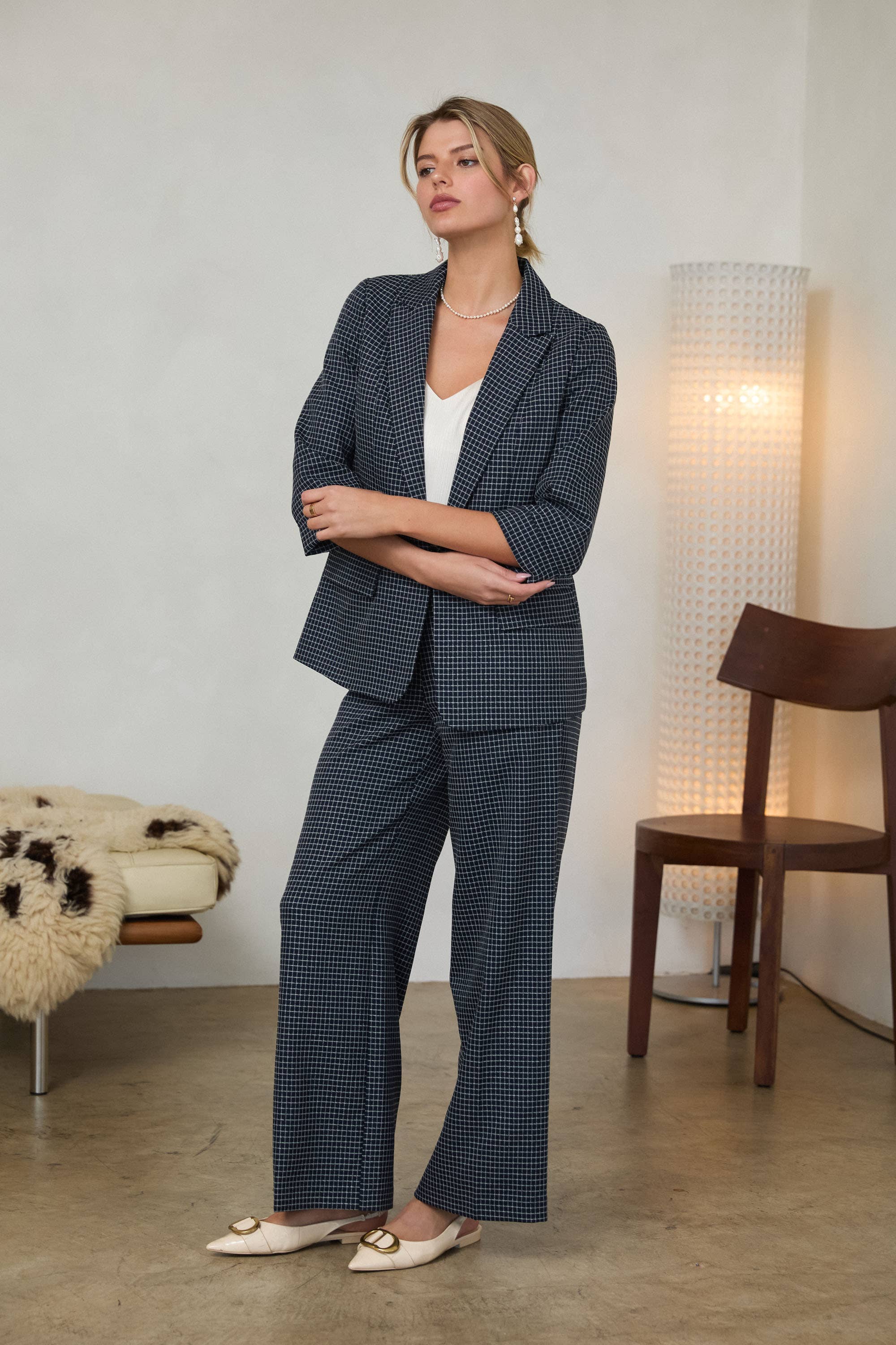 Grid Print Cuffed 3/4 Sleeve Blazer: Navy / XS