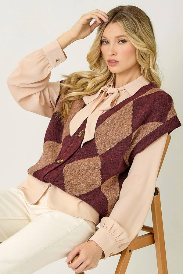 61140 Argyle Sweater Vest: Merlot / Small