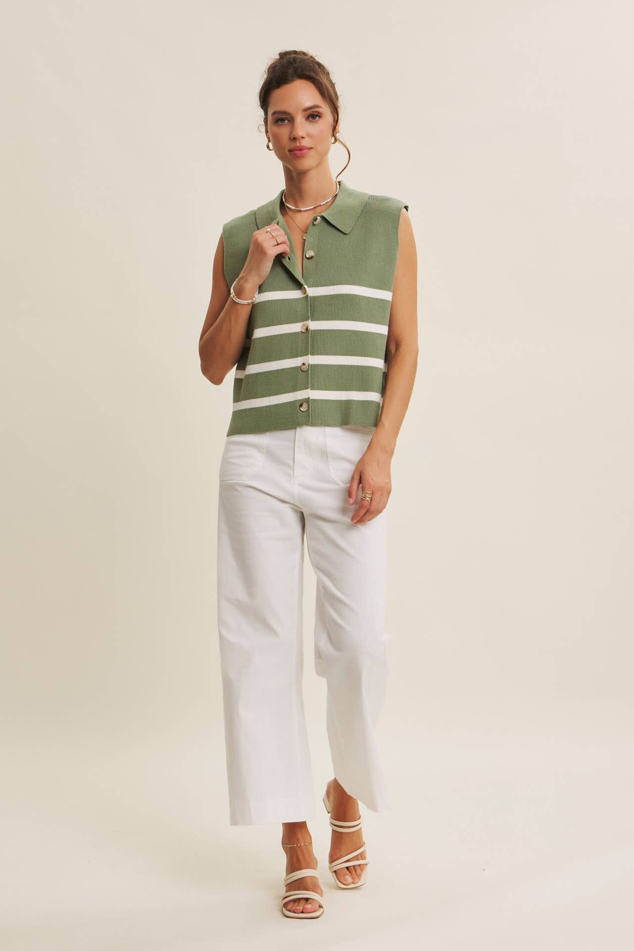 ALL SEASON LAYERING VISCOSE RIB BUTTON-DOWN SWEATER VEST: STONE GREEN / S