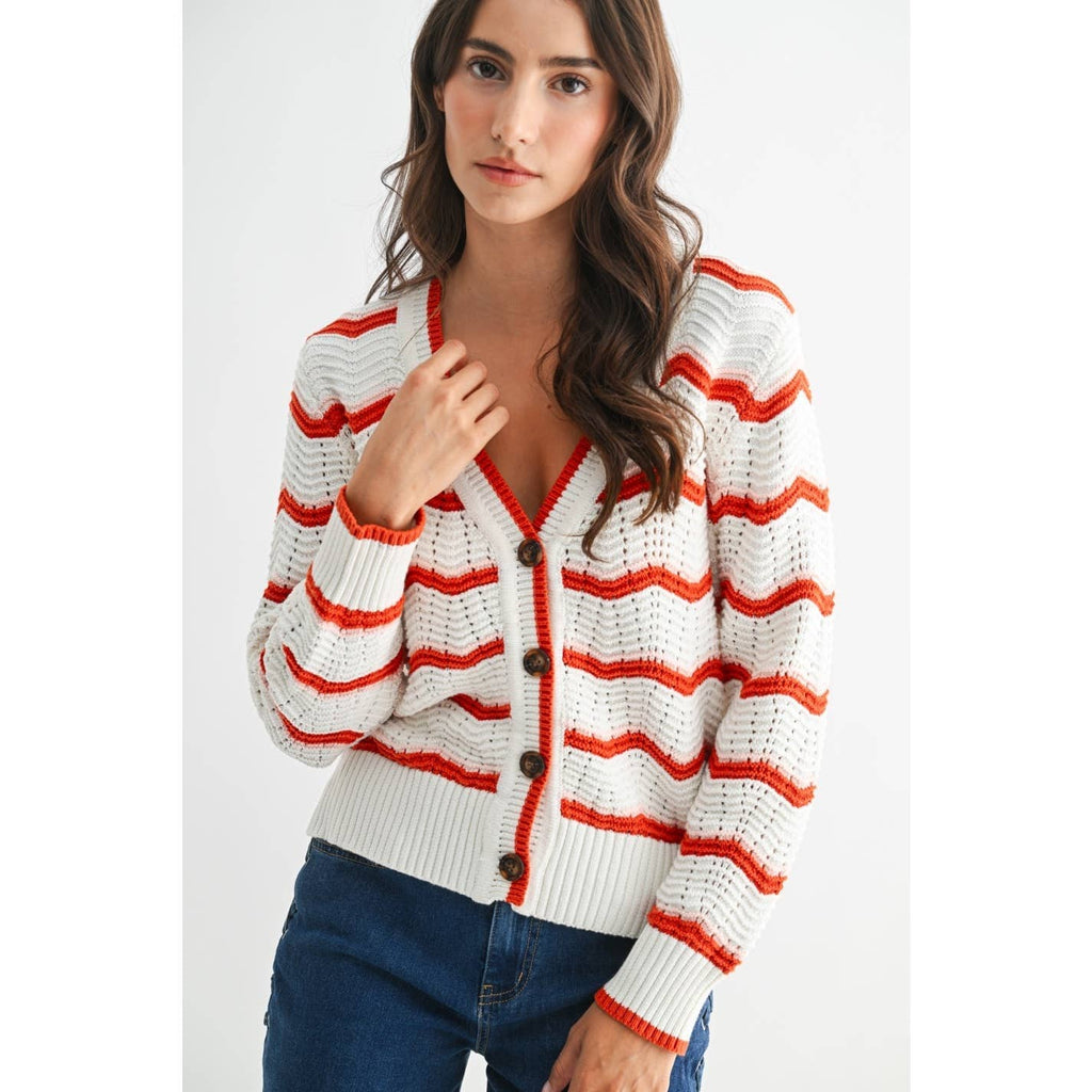 CHEVRON STRIPE BUTTON-UP KNIT CARDIGAN: CREAM/RUST MULTI / S-M-L(3-2-1)
