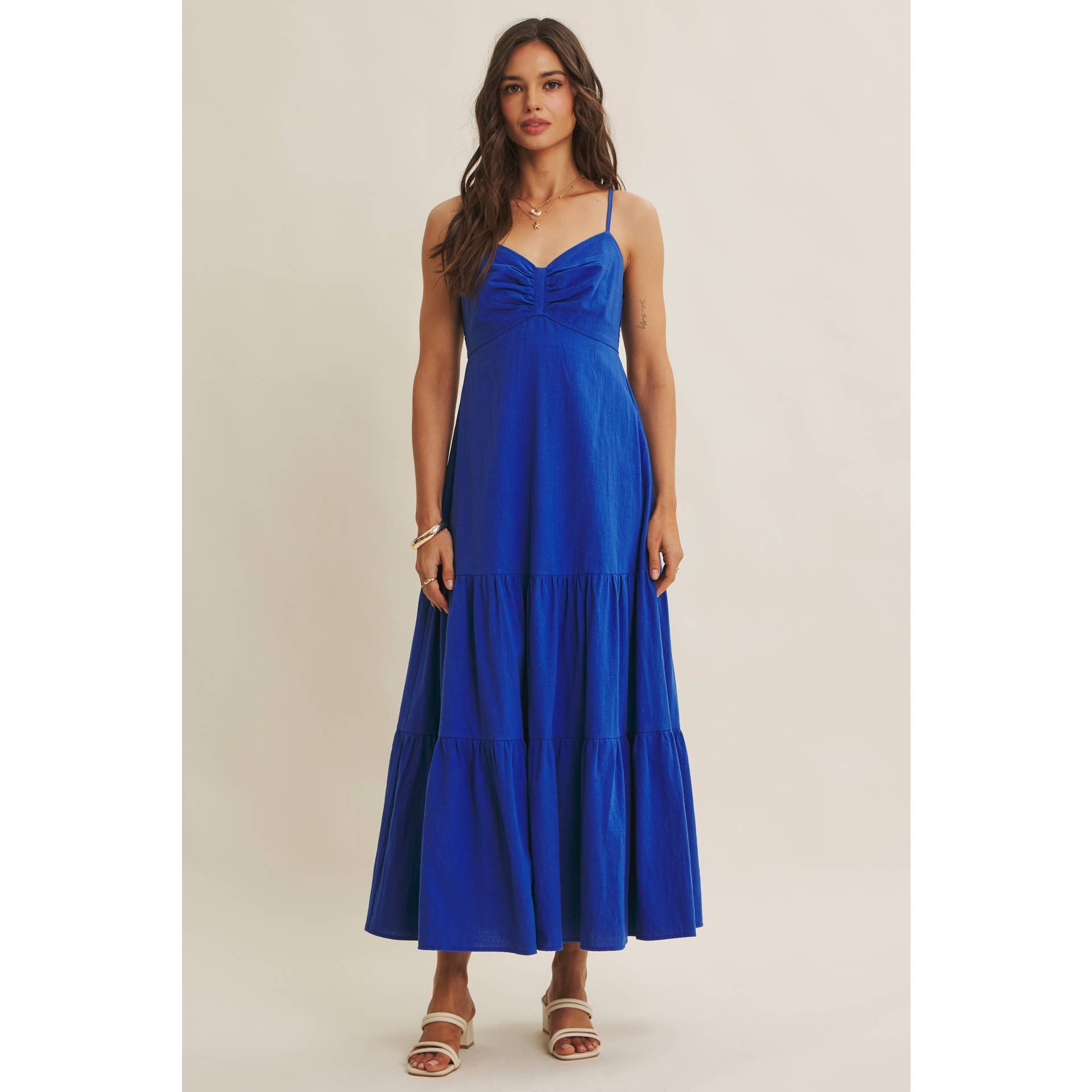 ISLAND SUNSET AIRY COTTON SMOCKED BACK RUCHED MAXI DRESS: ROYAL BLUE / S | Stella & Grace Boutique .