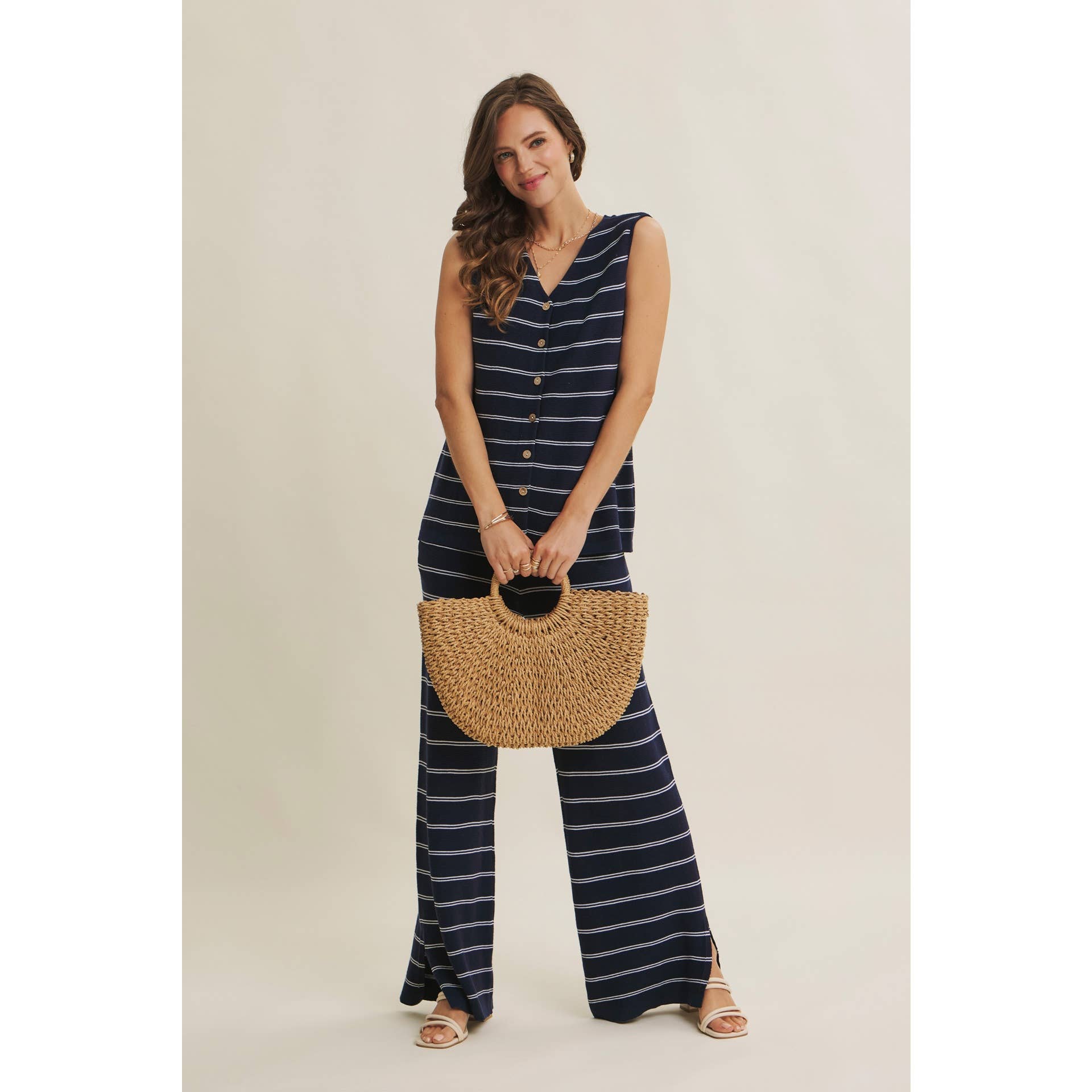 BAYSIDE LEISURE STRIPED BUTTON-DOWN LINEN BLEND SWEATER TOP: NAVY/CREAM / S | Stella & Grace Boutique .