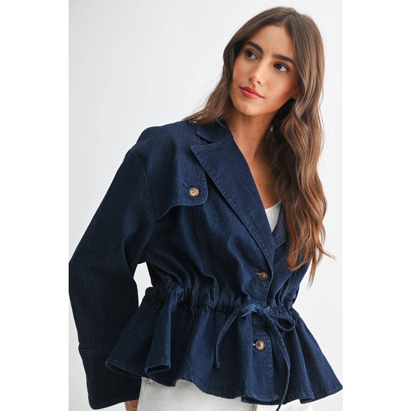 PREMIUM DENIM JACKET WITH ADJUSTABLE WAIST: DARK DENIM / S-M-L(3-2-1)