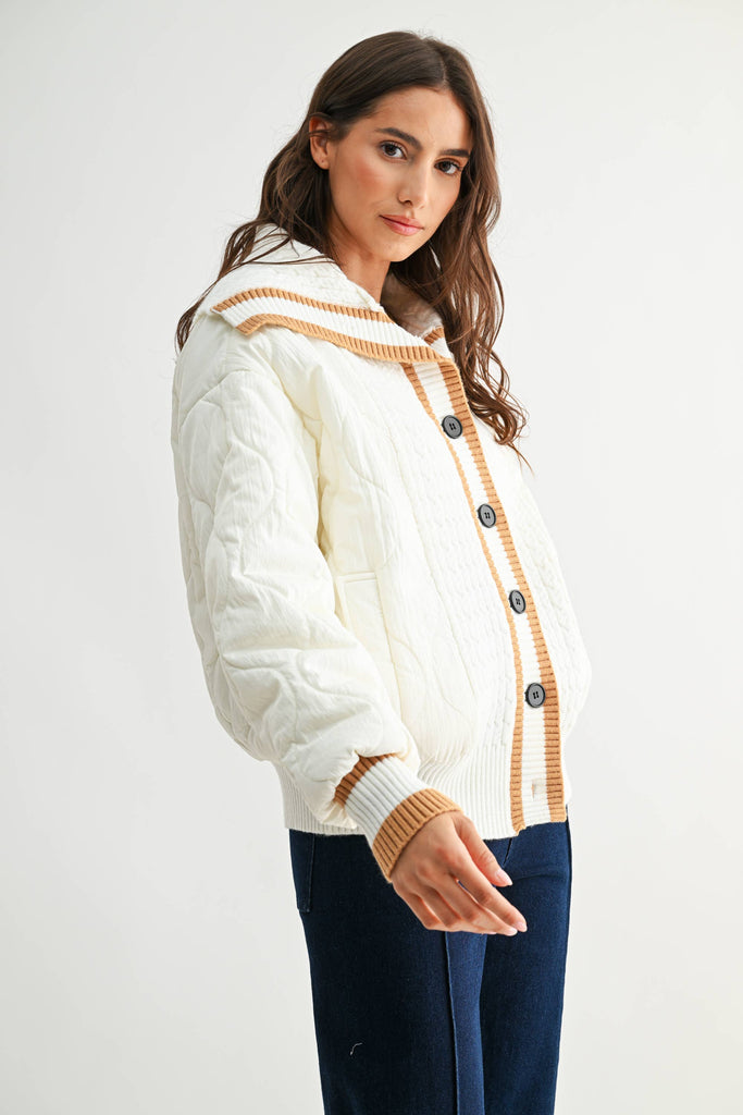 CONTRAST TRIM QUILTED KNIT JACKET - CJ25541: CREAM/CAMEL / S-M-L (3-2-1)