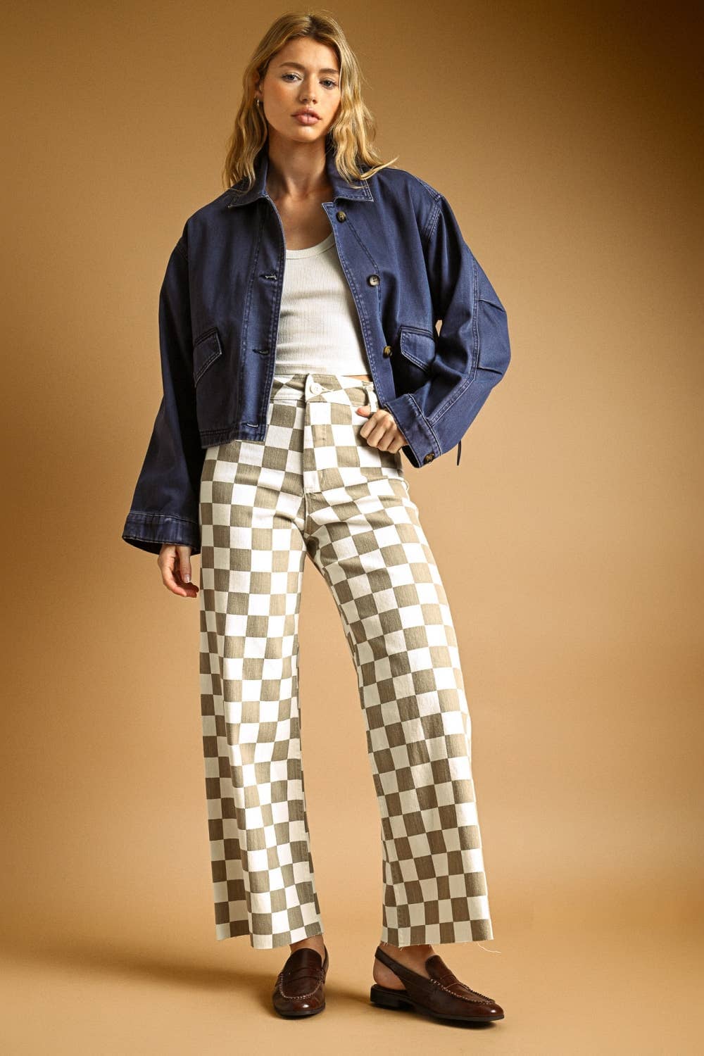 P7497 CHECKER BOARD STREATCH PANTS: TAN / S