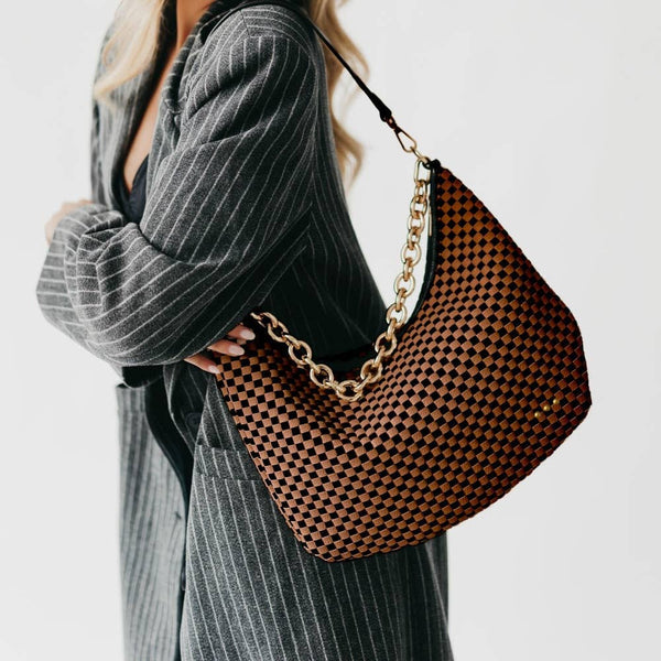 Sienna Slouchy Woven Shoulder Bag: Checkered Coffee