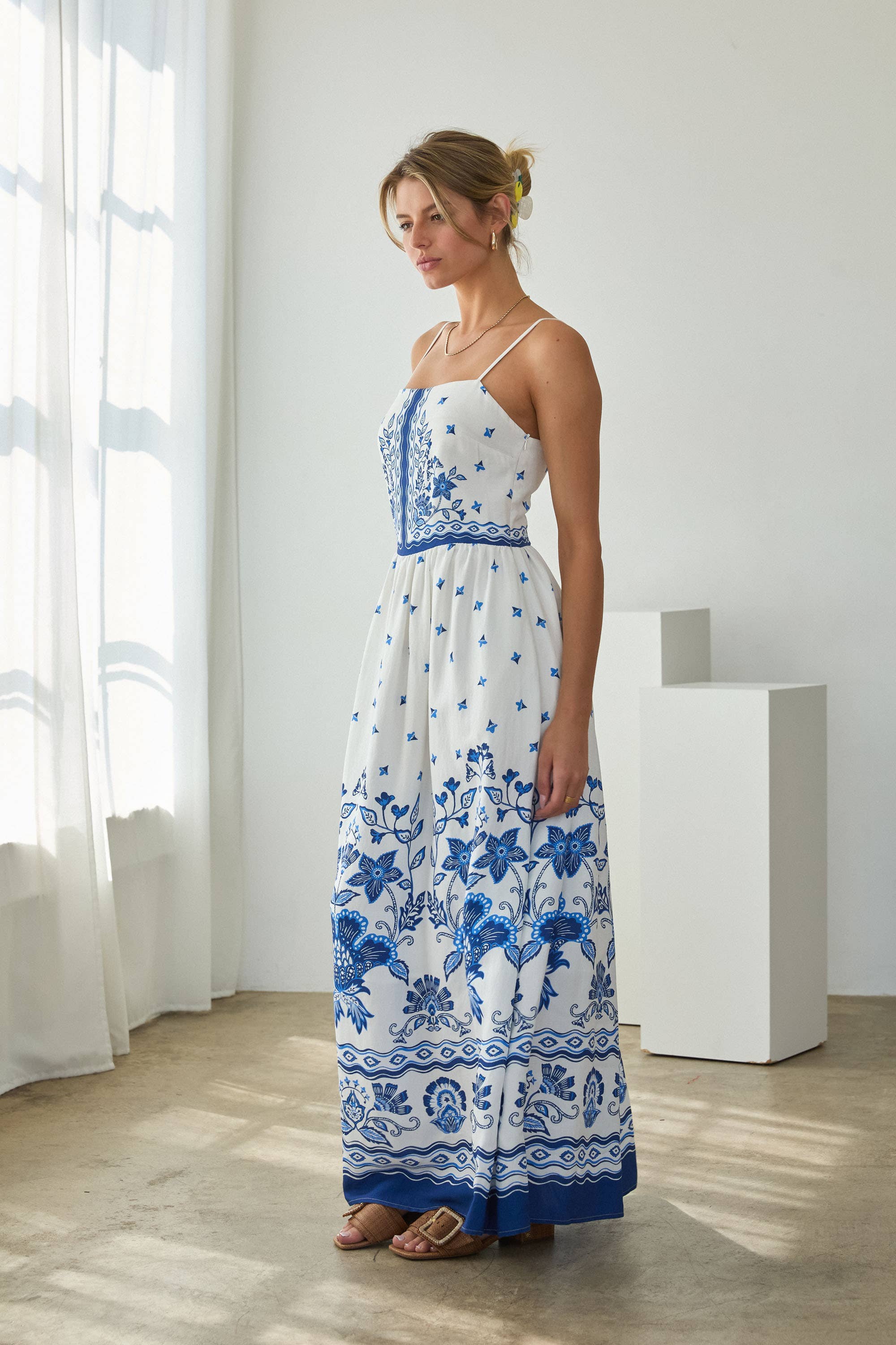 Serene Blue Floral Border Print Maxi Dress