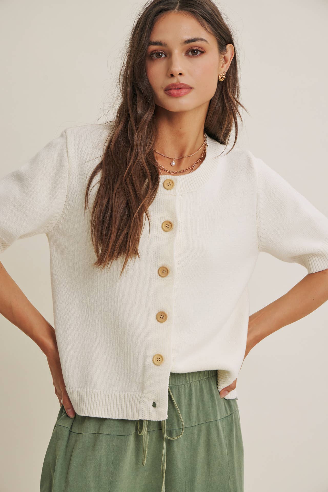 WEEKEND COFFEE MINIMAL SILHOUETTE COTTON CARDIGAN: IVORY / S