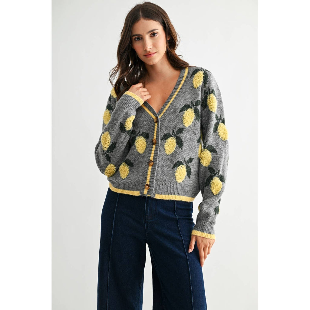LEMON PETTERN BUTTON-UP CARDIGAN: HEATHER GREY/YELLOW MULTI / S-M-L(3-2-1)