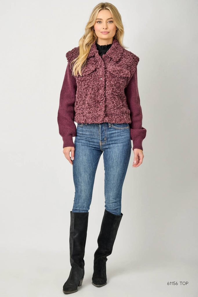 61251 Mixed Media Sweater Jacket: Merlot / Small