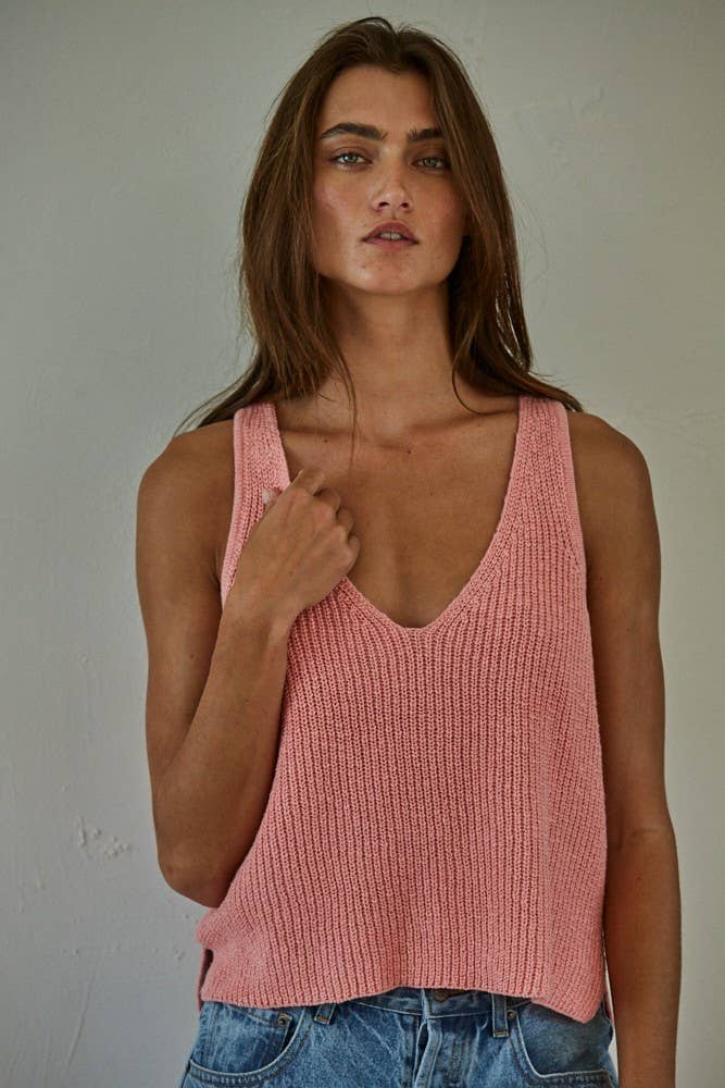 W1925 | Knit Sweater Cotton V-Neck Sleeveless Tank Top: Peach Pink / S