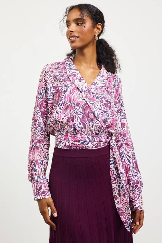 Long Sleeve Wrap Style Waist Tie Top: Plum-Multi / L